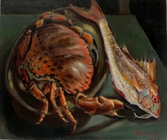 Peinture à l'huile des années 1970 Crabes et poissons sur table de cuisine idéale  Restaurant de poissons !