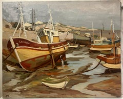 1970's French Post-Impressionist Oil Painting Old Fishing Boats Low Tide Harbor