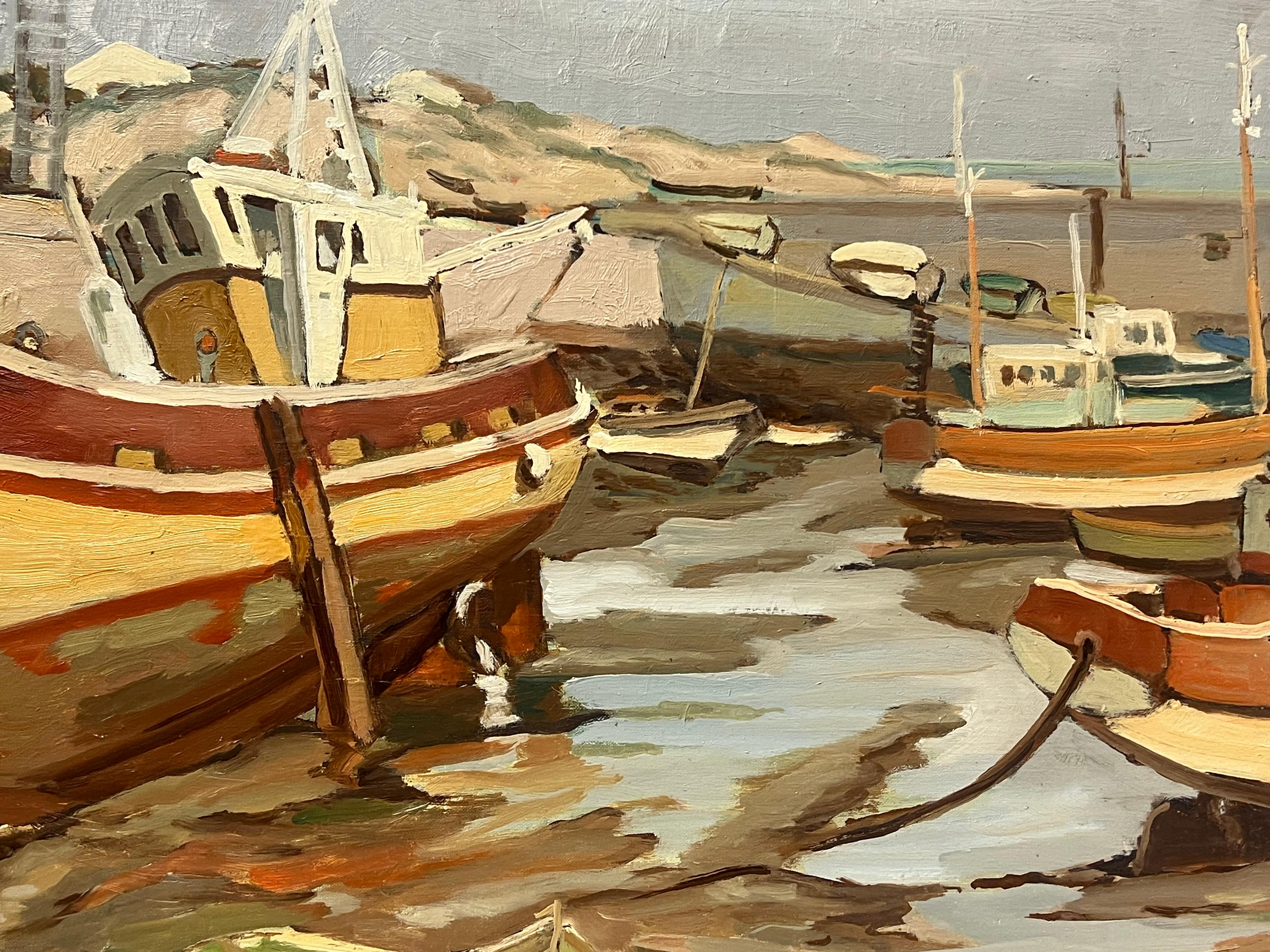 1970's Französisch Post-Impressionist Ölgemälde Alte Fischerboote Low Tide Harbor (Impressionismus), Painting, von Georges Bordonove