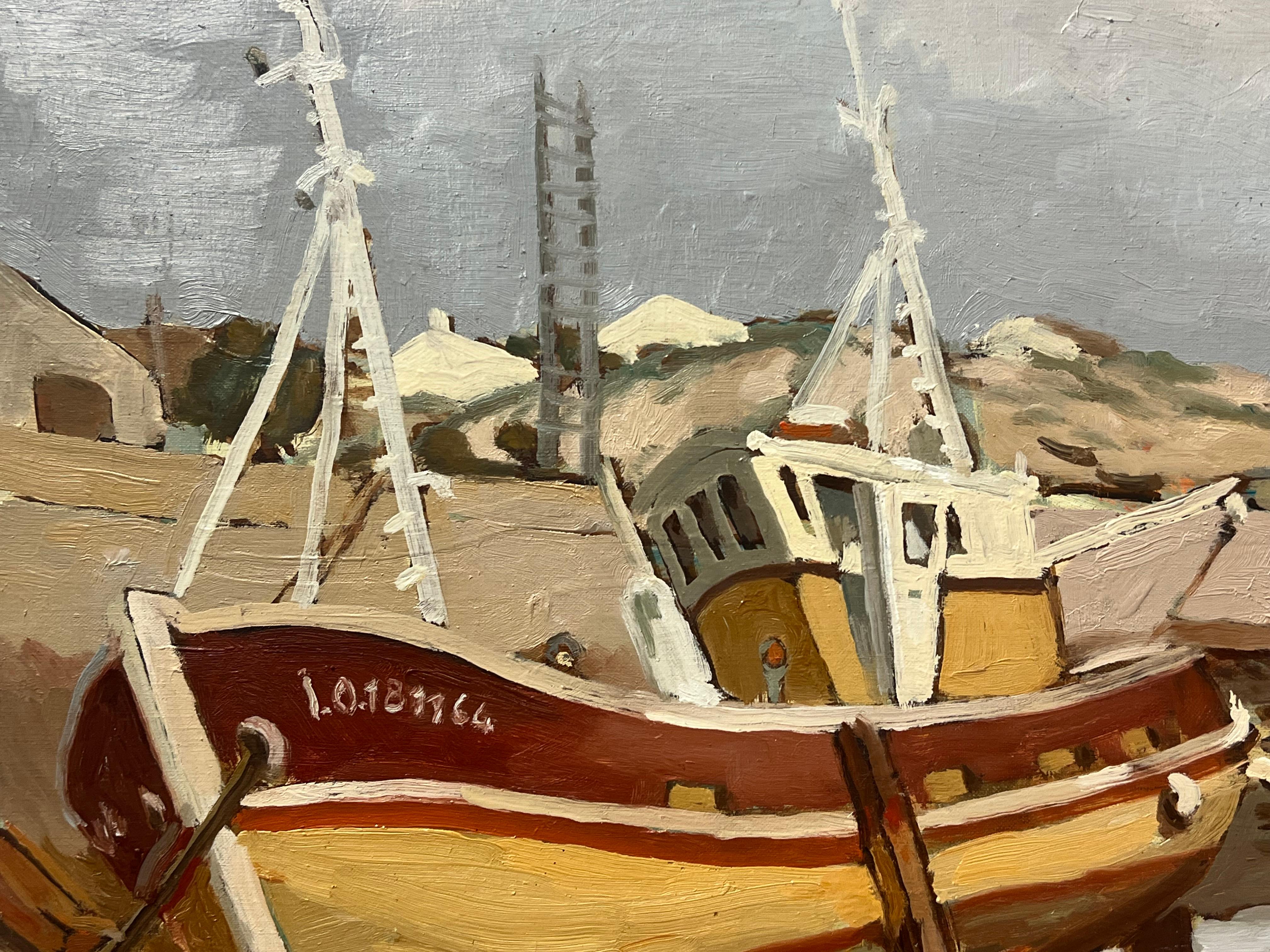 1970's Französisch Post-Impressionist Ölgemälde Alte Fischerboote Low Tide Harbor (Braun), Landscape Painting, von Georges Bordonove