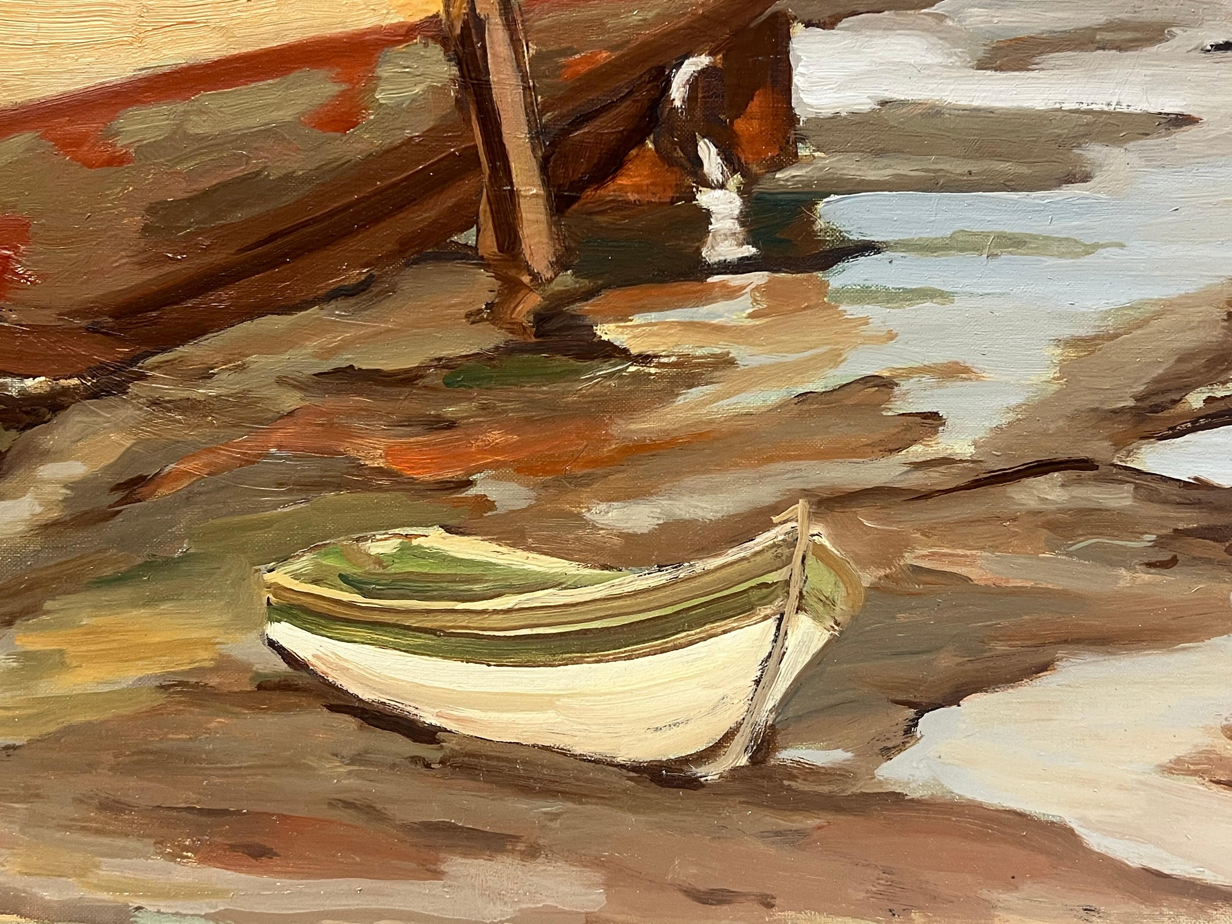 1970's Französisch Post-Impressionist Ölgemälde Alte Fischerboote Low Tide Harbor im Angebot 1