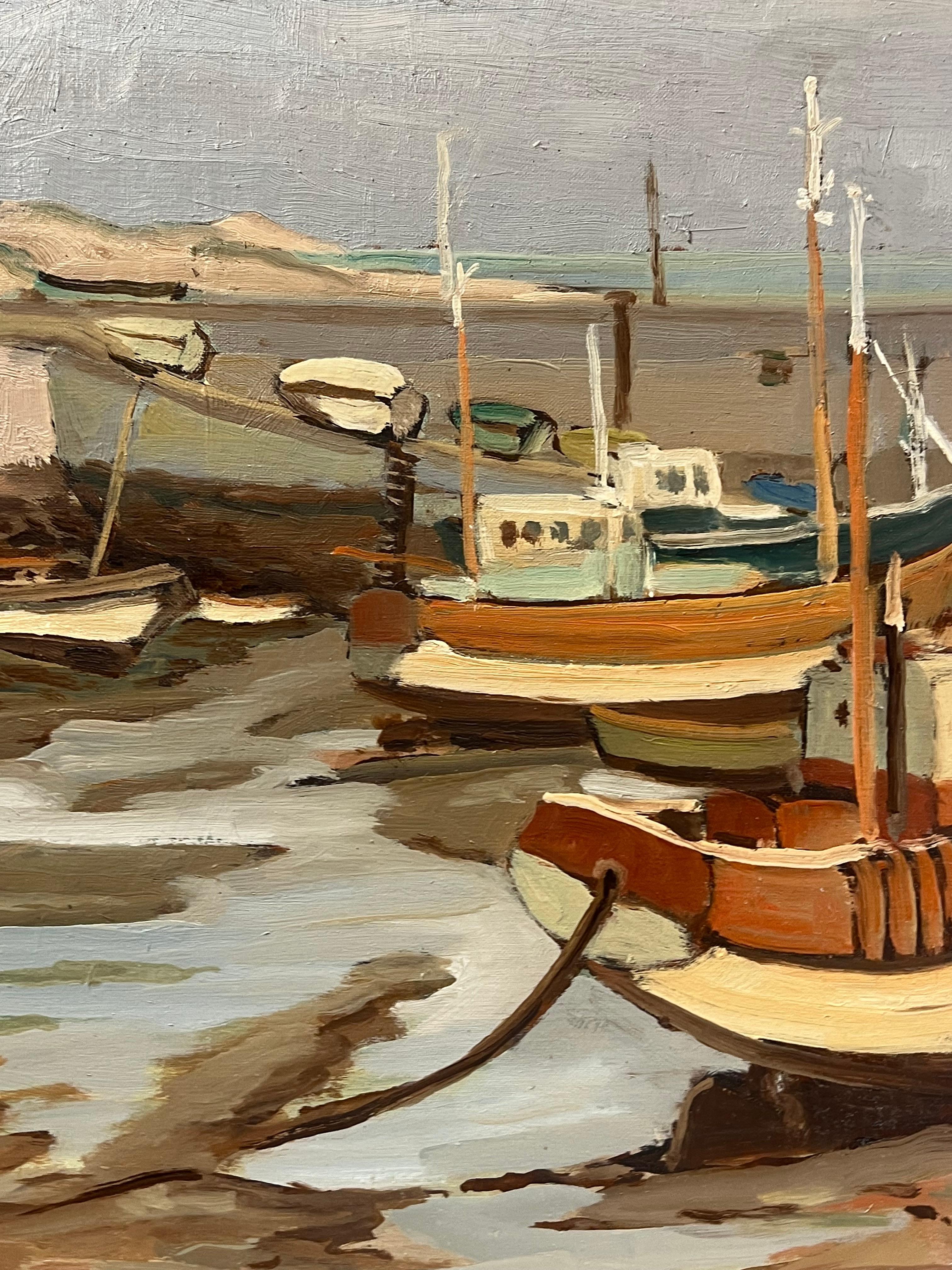 1970's Französisch Post-Impressionist Ölgemälde Alte Fischerboote Low Tide Harbor im Angebot 2