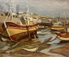 1970's French Post-Impressionist Oil Painting Old Fishing Boats Low Tide Harbor