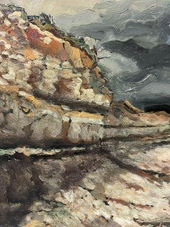 1970's French Post Impressionist Oil Rocky Coastal Seascape Atmospheric Broody