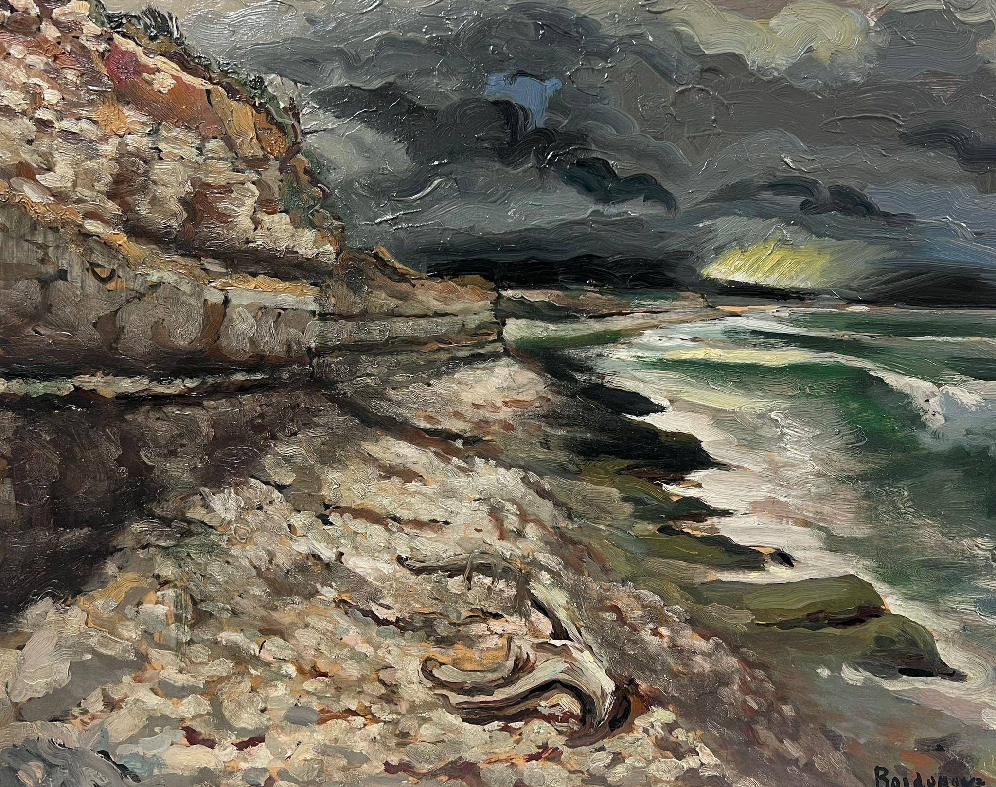 1970's French Post Impressionist Oil Rocky Coastal Seascape Atmospheric Broody For Sale 1
