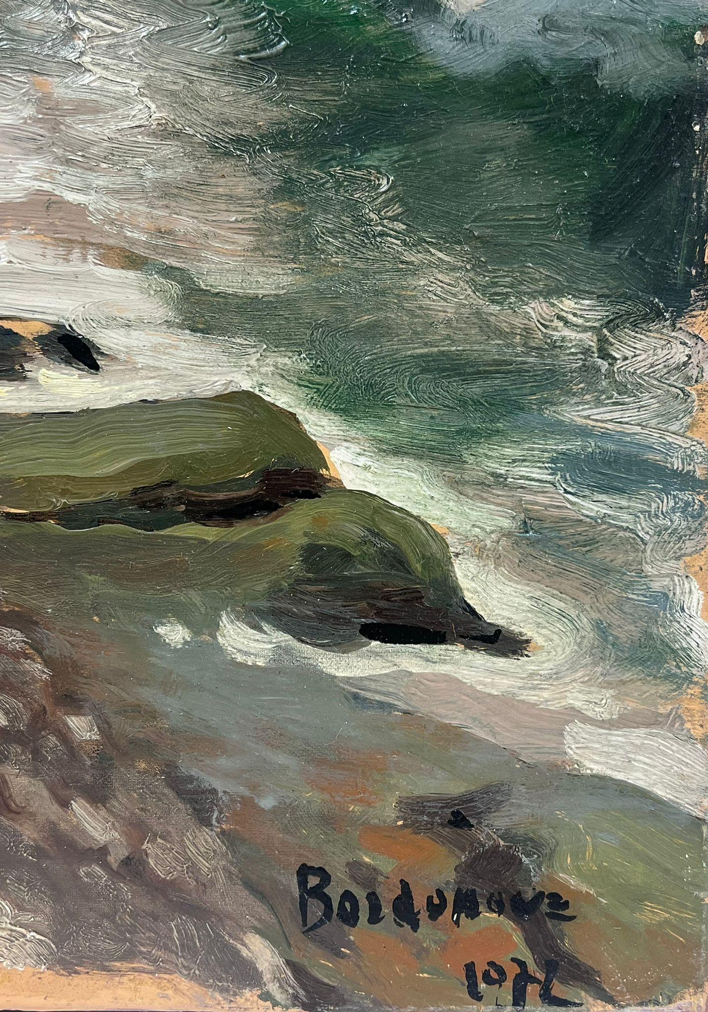 1970's French Post Impressionist Oil Rocky Coastal Seascape Atmospheric Broody For Sale 2