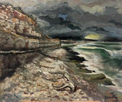 1970's French Post Impressionist Oil Rocky Coastal Seascape Atmospheric Broody