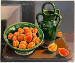1970's French Post-Impressionist Signed Oil Painting Apricots in Green Dish