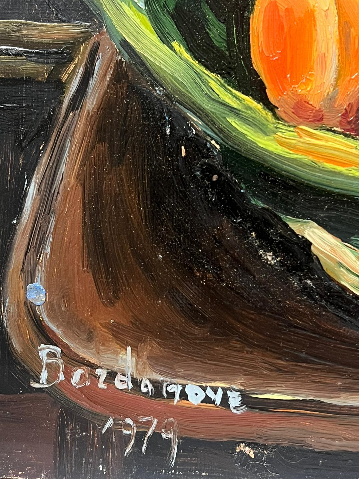 1970's Französisch Post-Impressionist signiert Ölgemälde Aprikosen in grüner Schale (Schwarz), Interior Painting, von Georges Bordonove