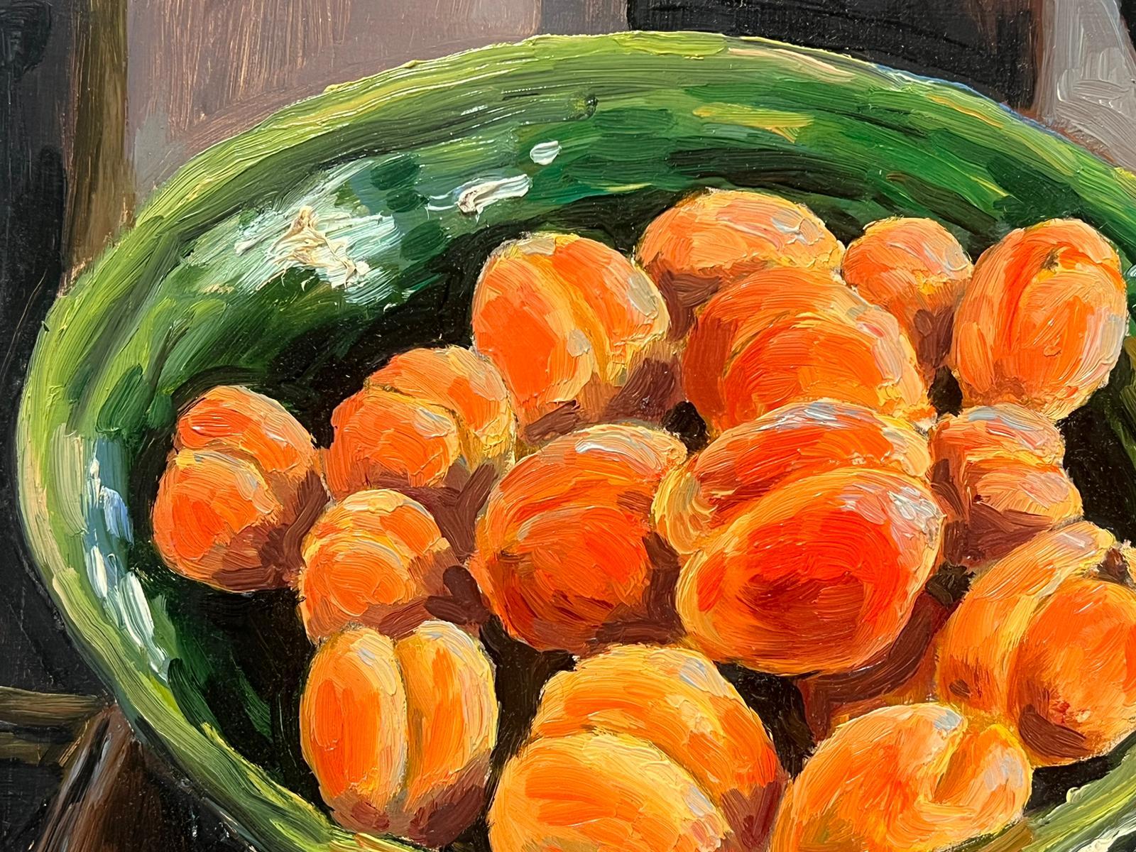 1970's Französisch Post-Impressionist signiert Ölgemälde Aprikosen in grüner Schale im Angebot 1