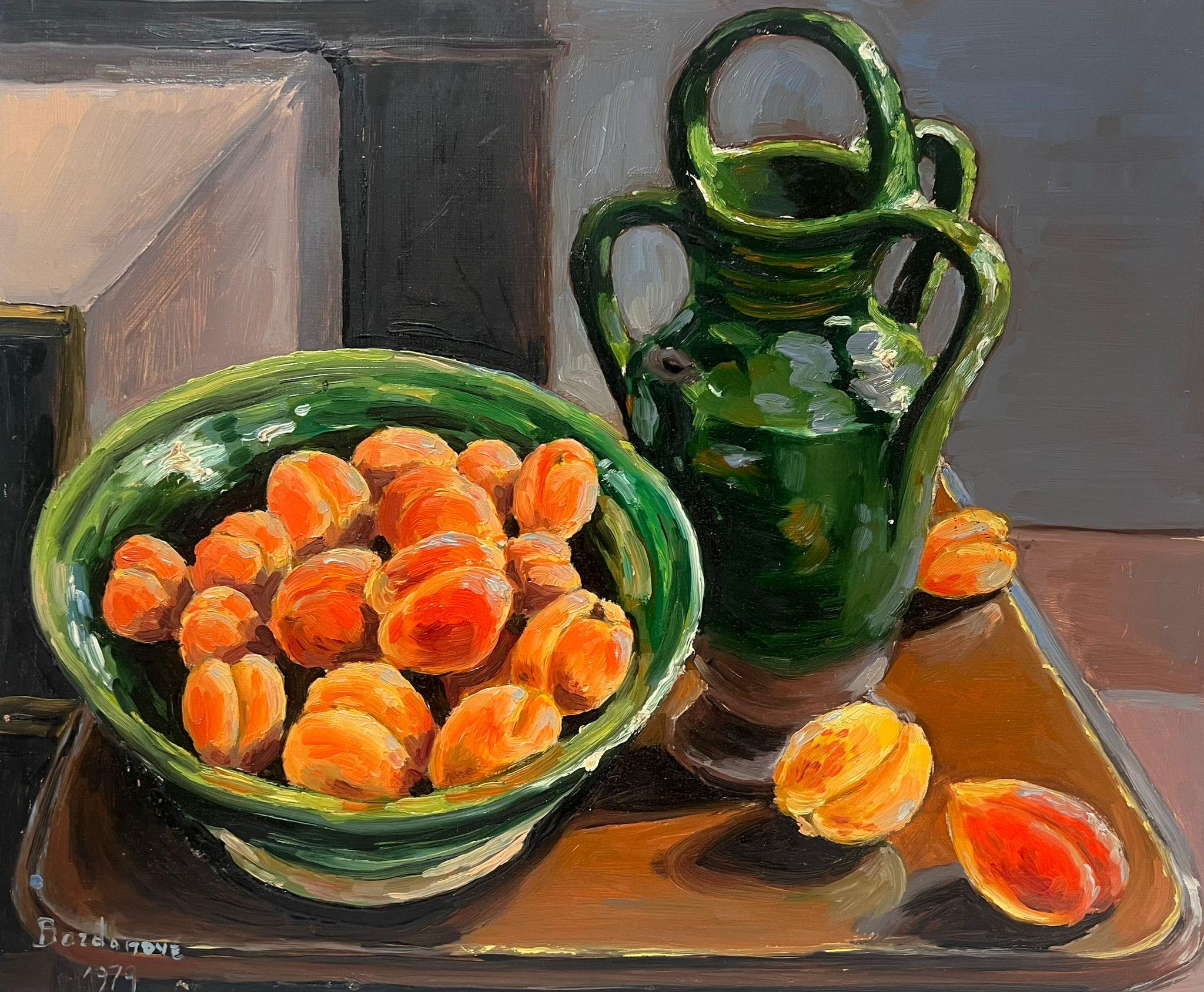 Georges Bordonove Interior Painting – 1970's Französisch Post-Impressionist signiert Ölgemälde Aprikosen in grüner Schale