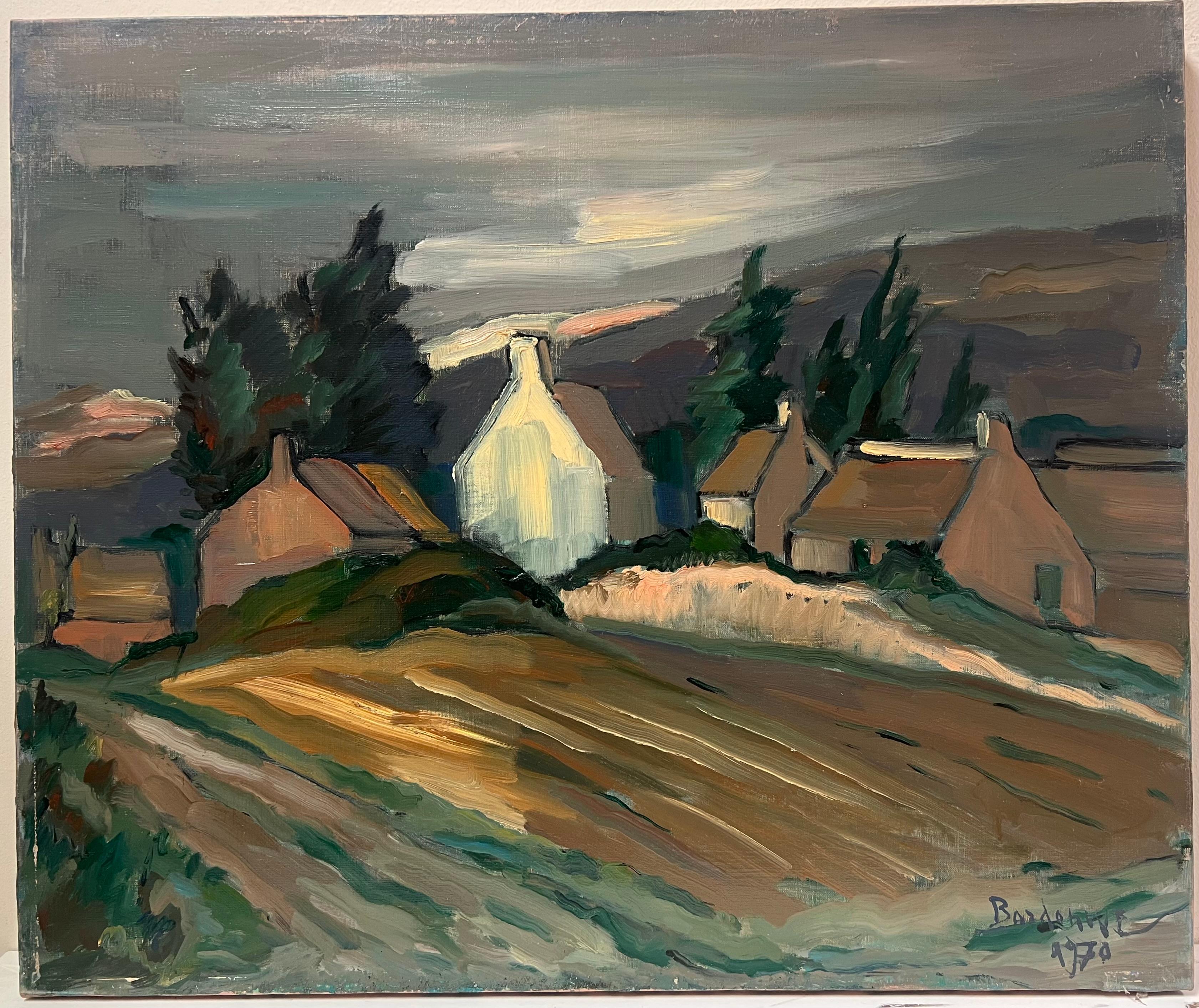 1970's French Post-Impressionist Signed Oil Painting Farm Houses Brown Landscape - Gray Landscape Painting by Georges Bordonove