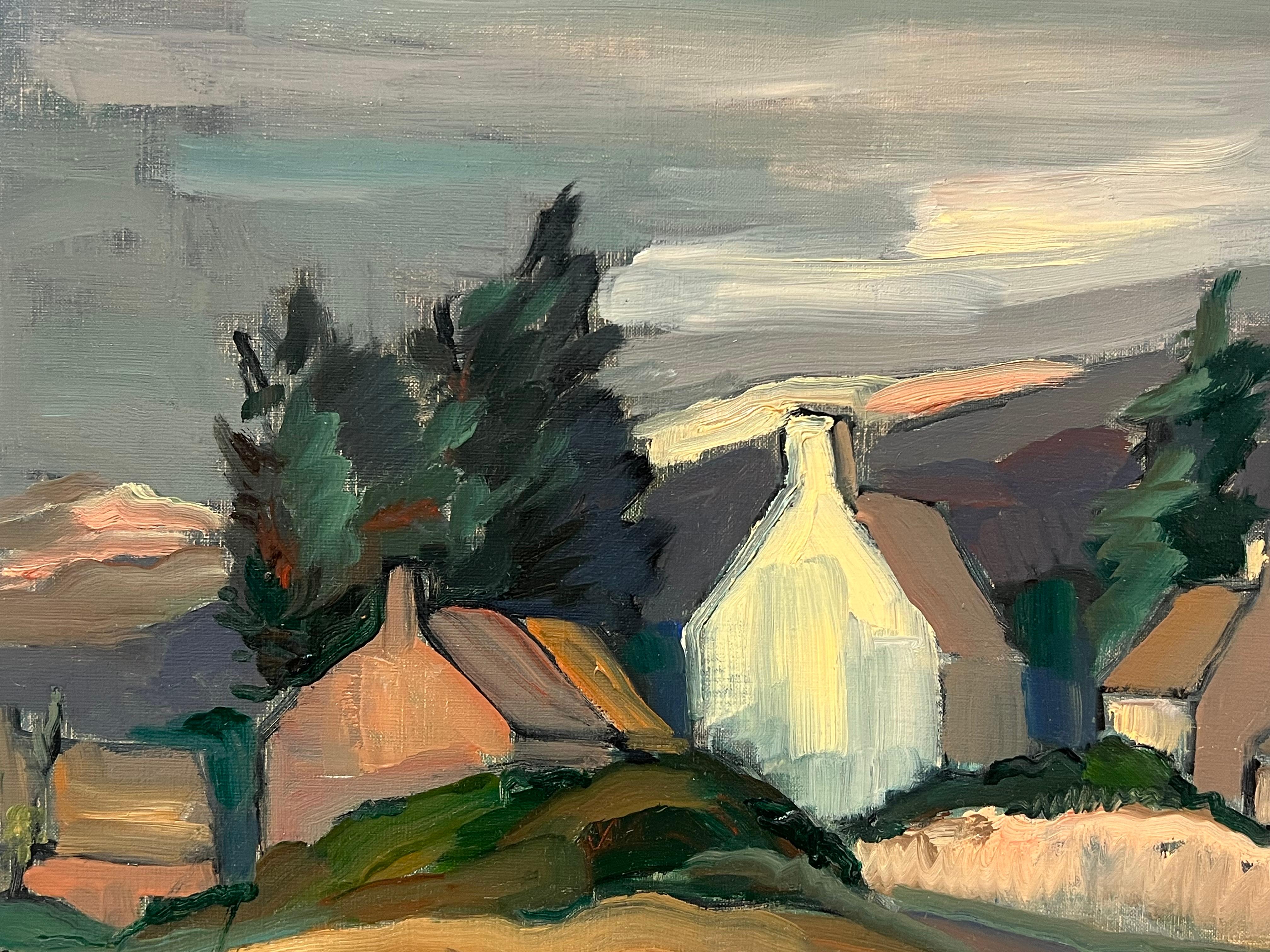 1970's French Post-Impressionist Signed Oil Painting Farm Houses Brown Landscape For Sale 1
