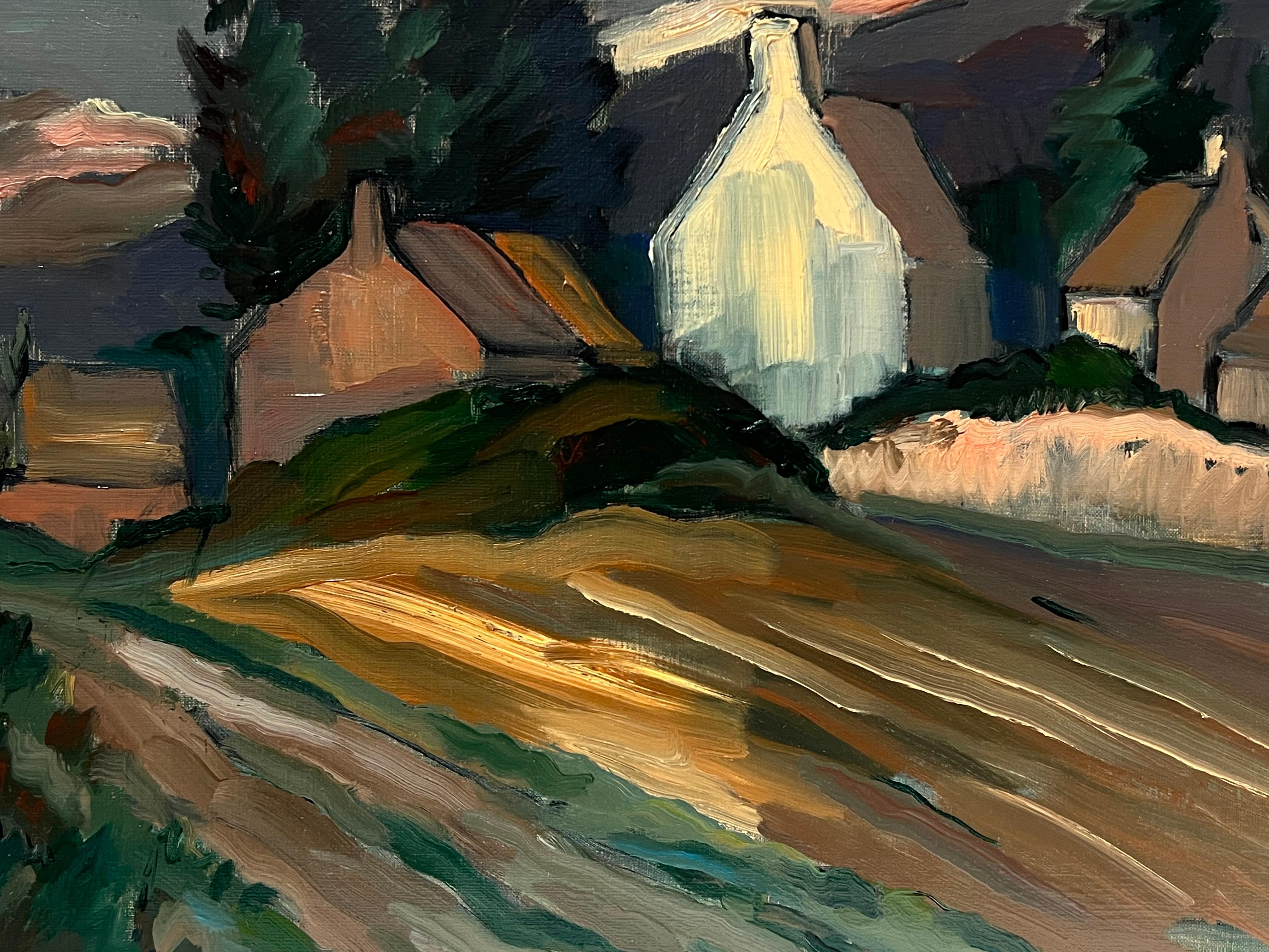 1970's French Post-Impressionist Signed Oil Painting Farm Houses Brown Landscape For Sale 2