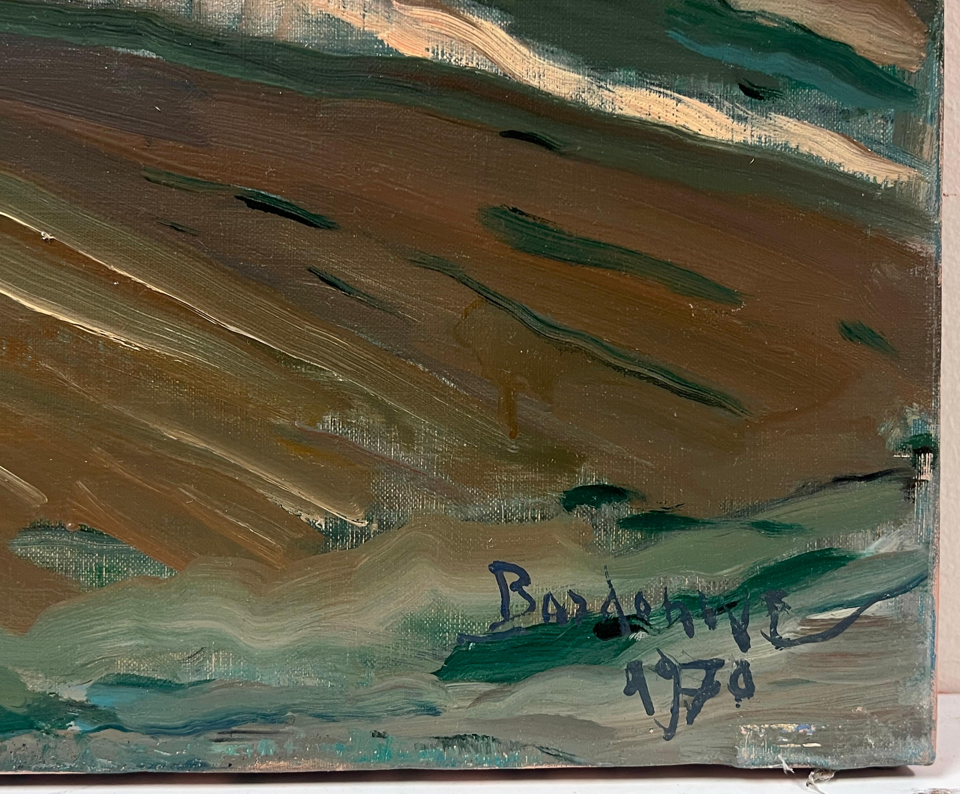 1970's French Post-Impressionist Signed Oil Painting Farm Houses Brown Landscape For Sale 3