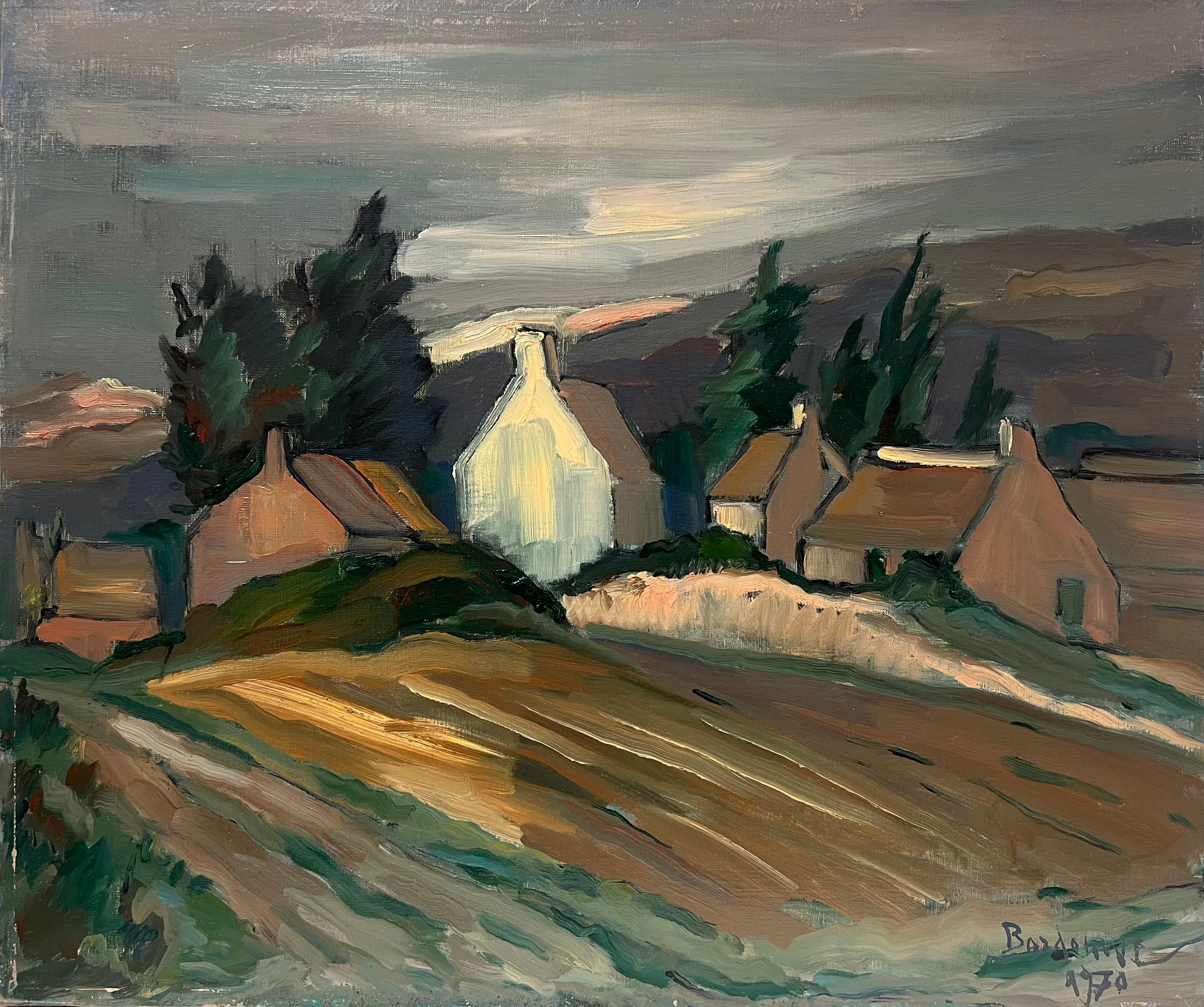 Georges Bordonove Landscape Painting - 1970's French Post-Impressionist Signed Oil Painting Farm Houses Brown Landscape