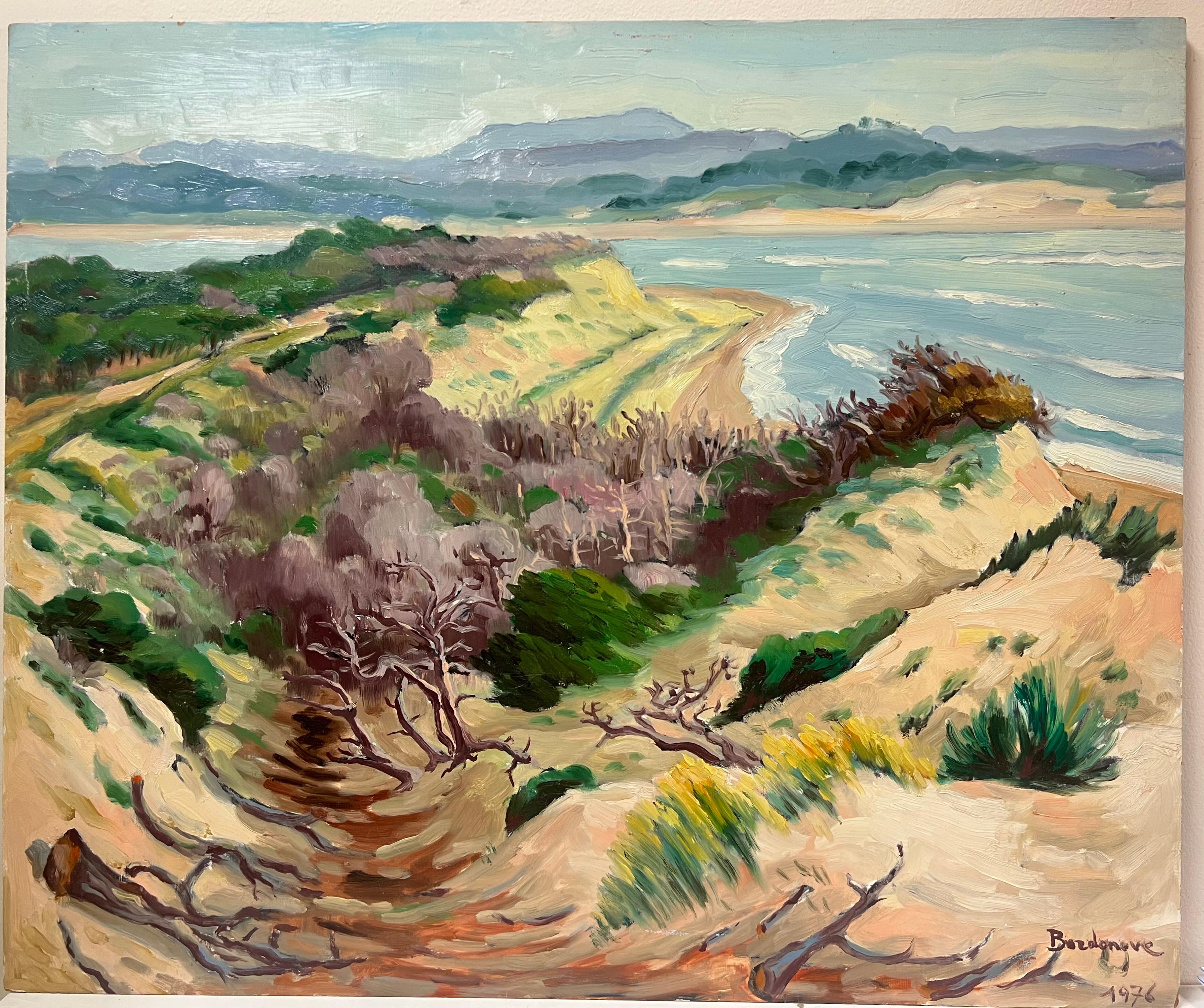 1970's French Post Impressionist Signed Oil Painting Sand Dunes on the Beach - Brown Landscape Painting by Georges Bordonove