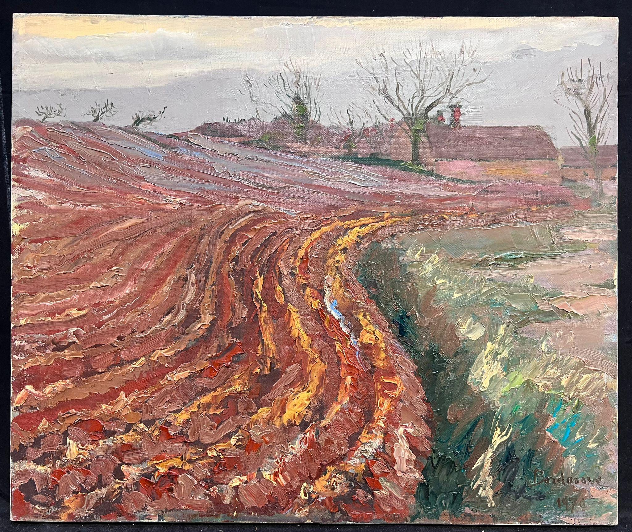 Französischer postimpressionistischer signierter Öl Rural Autumn Furloughed Fields, 1970er Jahre – Painting von Georges Bordonove