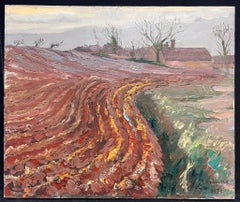 Huile post-impressionniste française des années 1970, signée, huile Rural Autumn Furloughed Fields