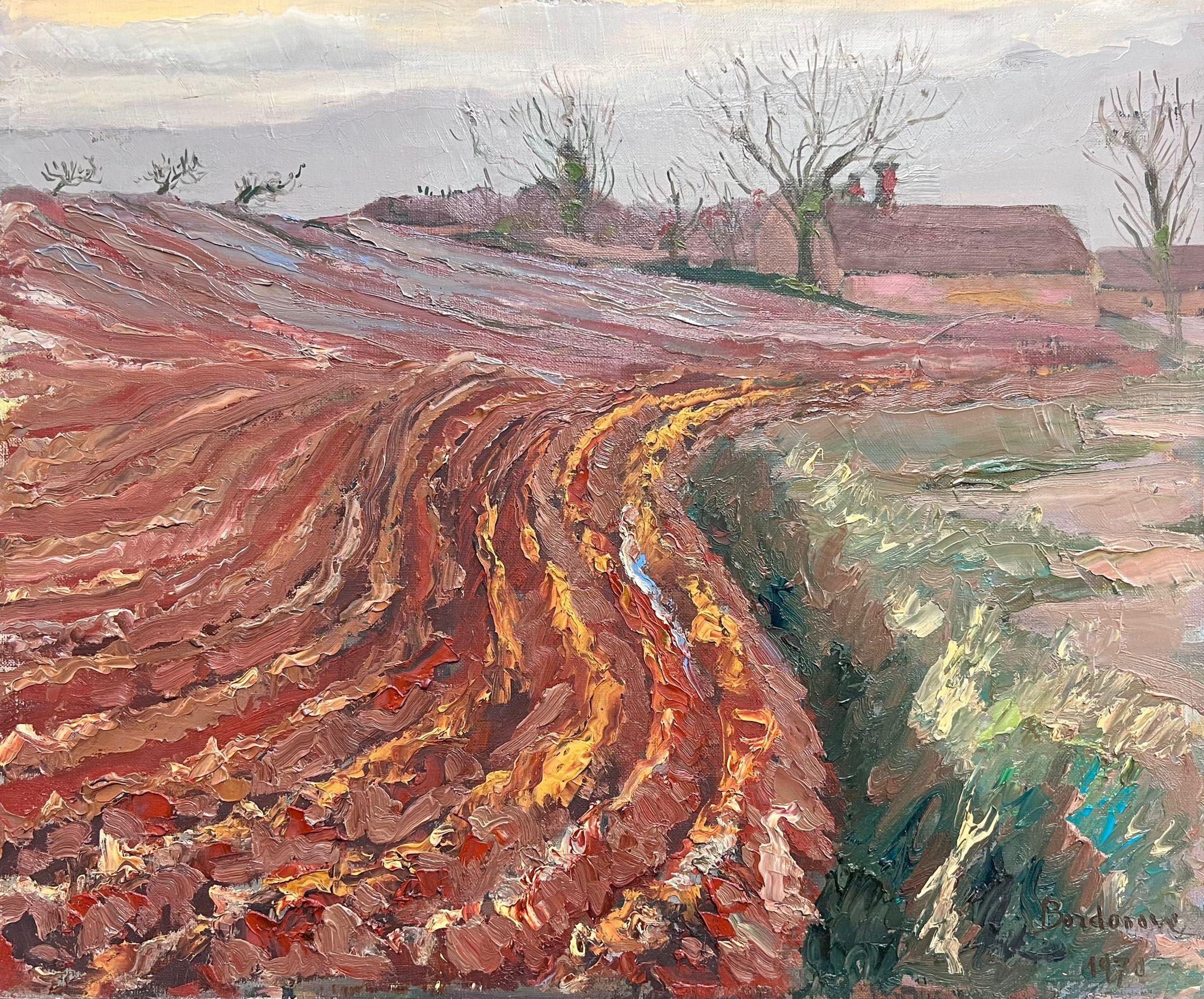 Französischer postimpressionistischer signierter Öl Rural Autumn Furloughed Fields, 1970er Jahre
