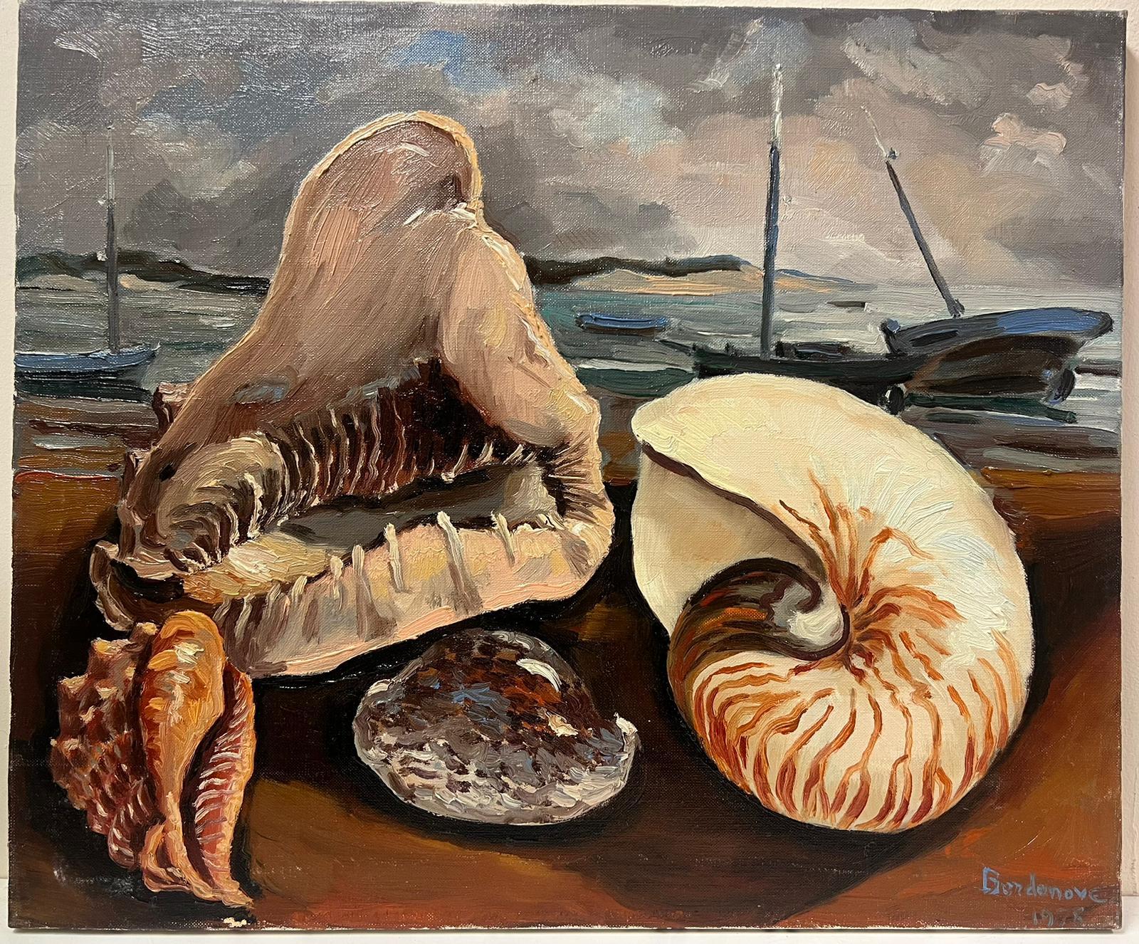 1970s French Signed Oil Painting Large Seashells Brittany Fishing Harbor exhibit - Brown Landscape Painting by Georges Bordonove