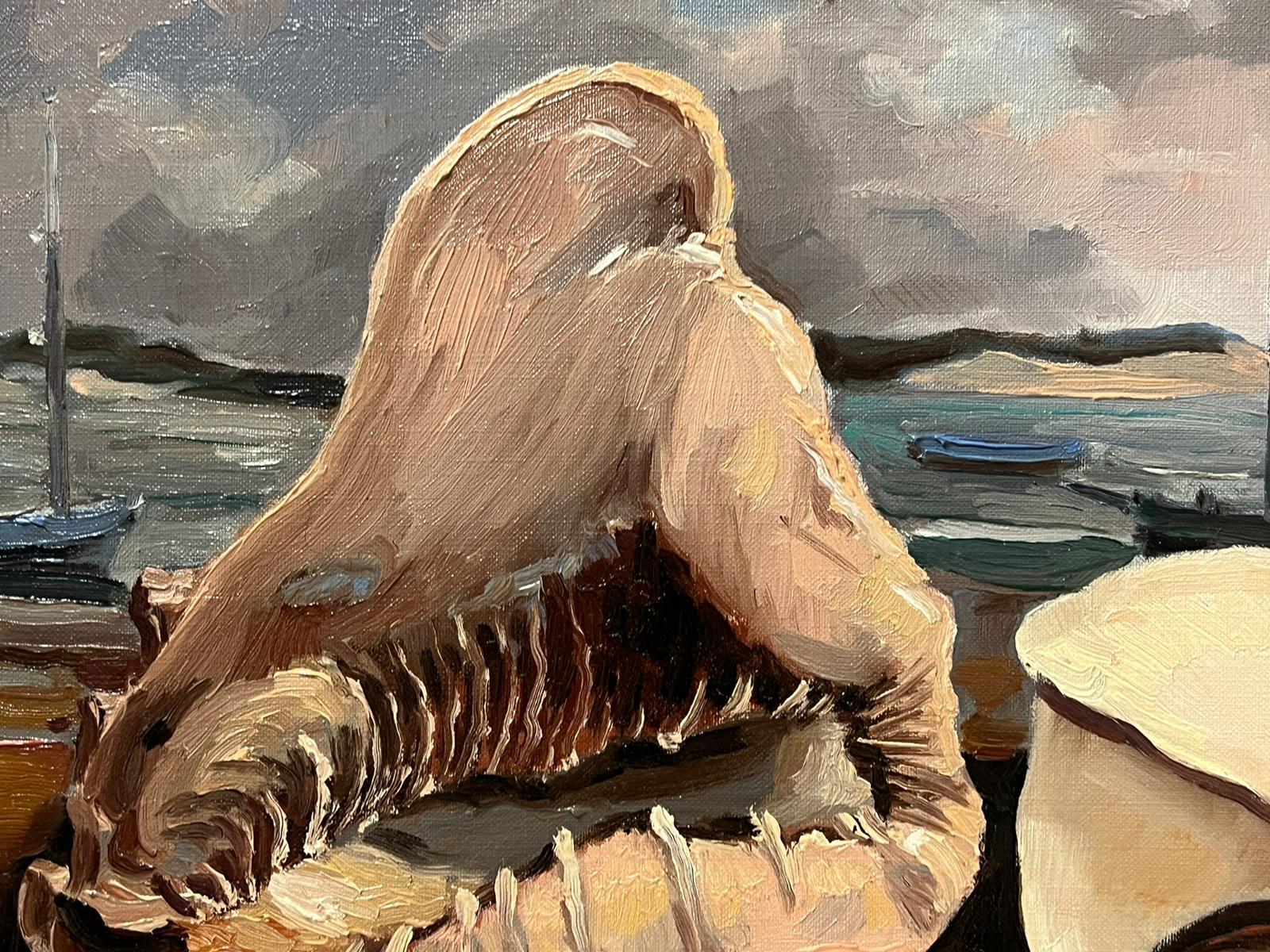 1970s French Signed Oil Painting Large Seashells Brittany Fishing Harbor exhibit For Sale 1