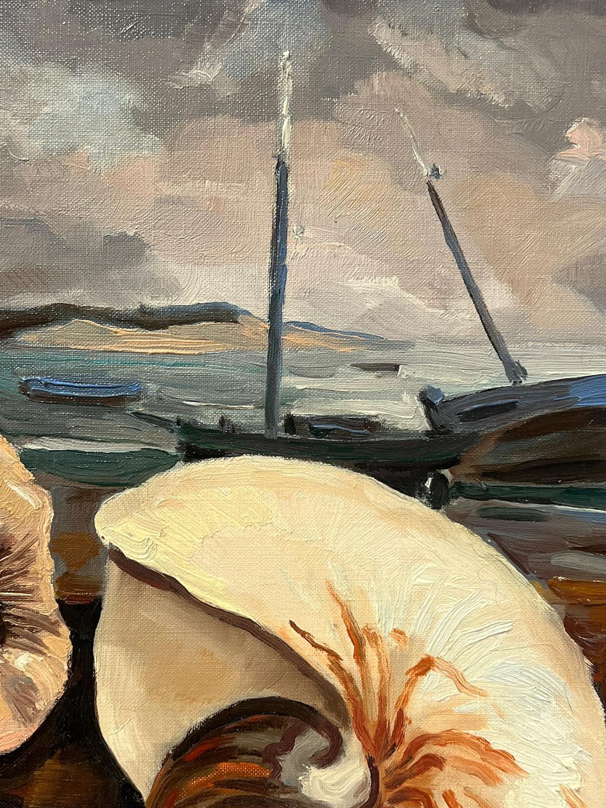 1970s French Signed Oil Painting Large Seashells Brittany Fishing Harbor exhibit For Sale 3