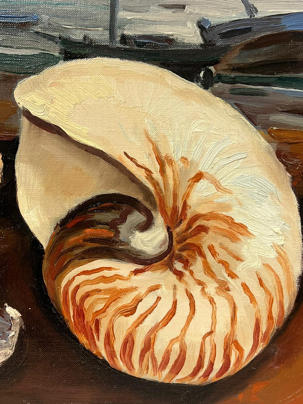 1970s French Signed Oil Painting Large Seashells Brittany Fishing Harbor exhibit For Sale 4