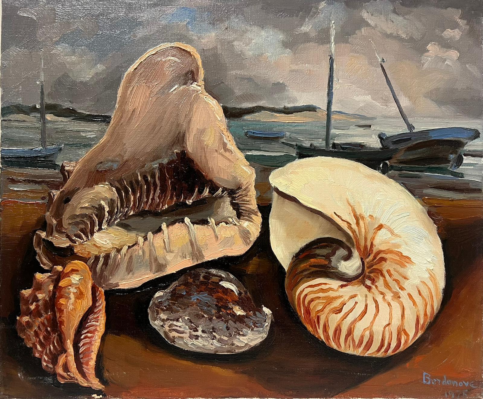 Georges Bordonove Landscape Painting - 1970s French Signed Oil Painting Large Seashells Brittany Fishing Harbor exhibit