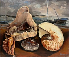 1970s French Signed Oil Painting Large Seashells Brittany Fishing Harbor exhibit