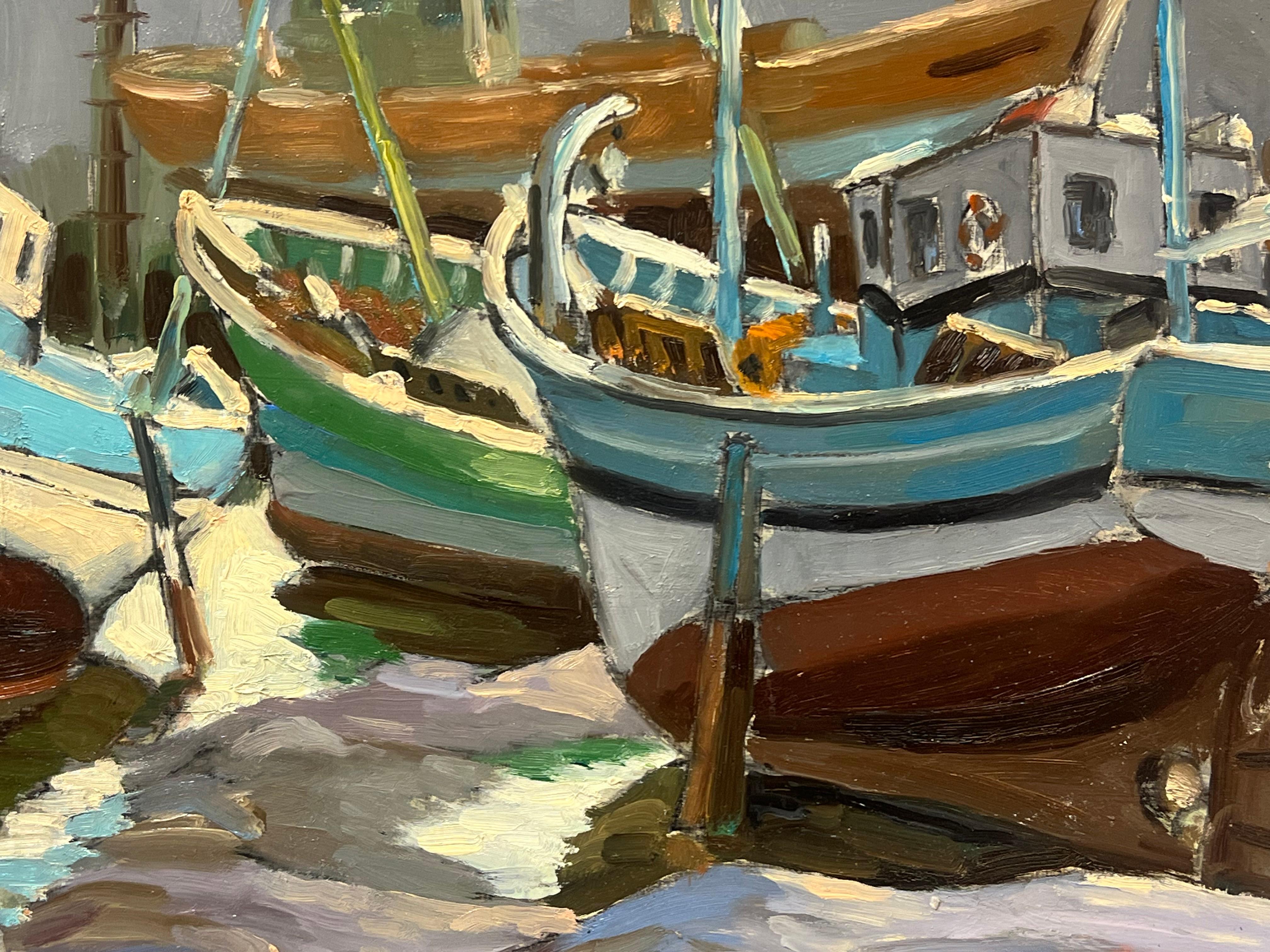 1970's French Signed Oil Painting Old Fishing Boats Moored in Breton Harbor For Sale 7