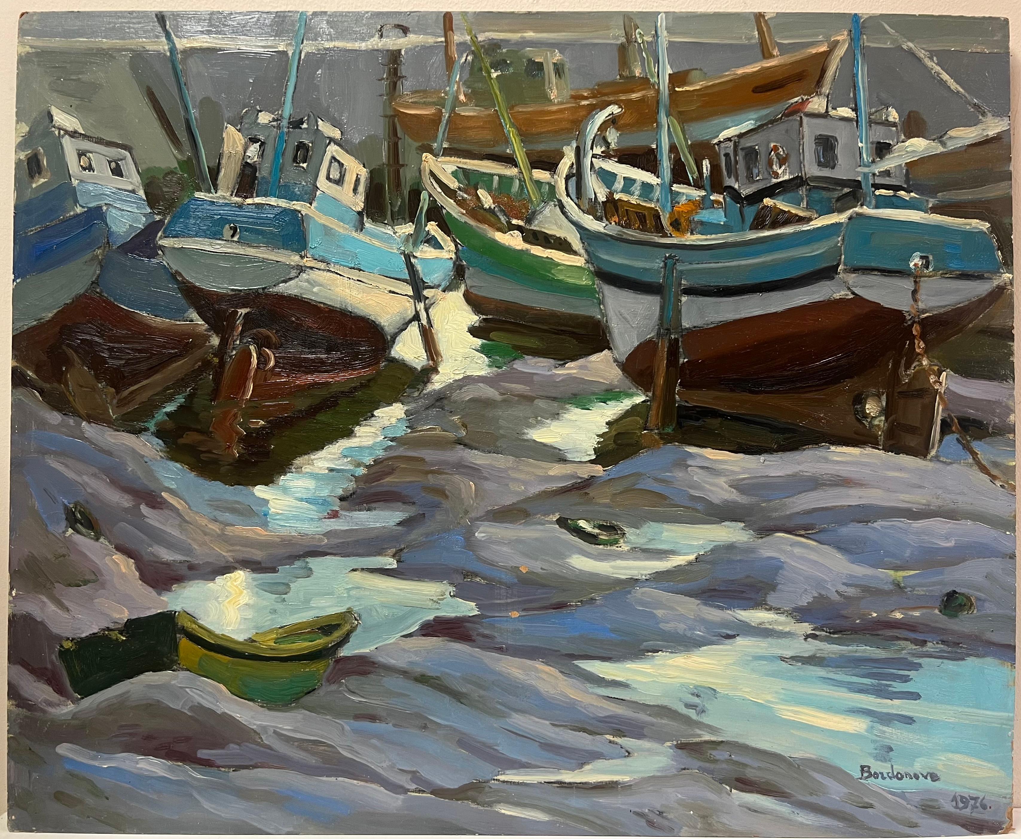 1970's French Signed Oil Painting Old Fishing Boats Moored in Breton Harbor - Gray Landscape Painting by Georges Bordonove