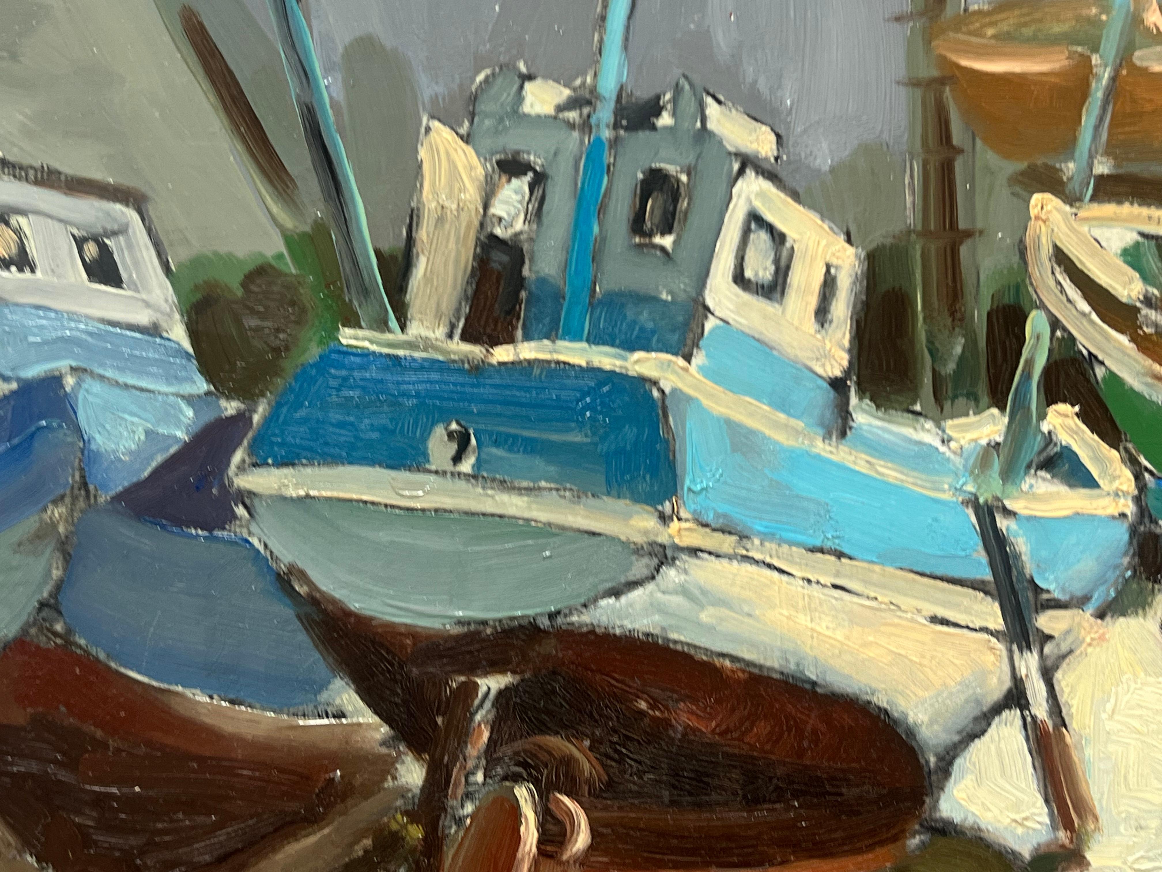 1970's French Signed Oil Painting Old Fishing Boats Moored in Breton Harbor For Sale 1