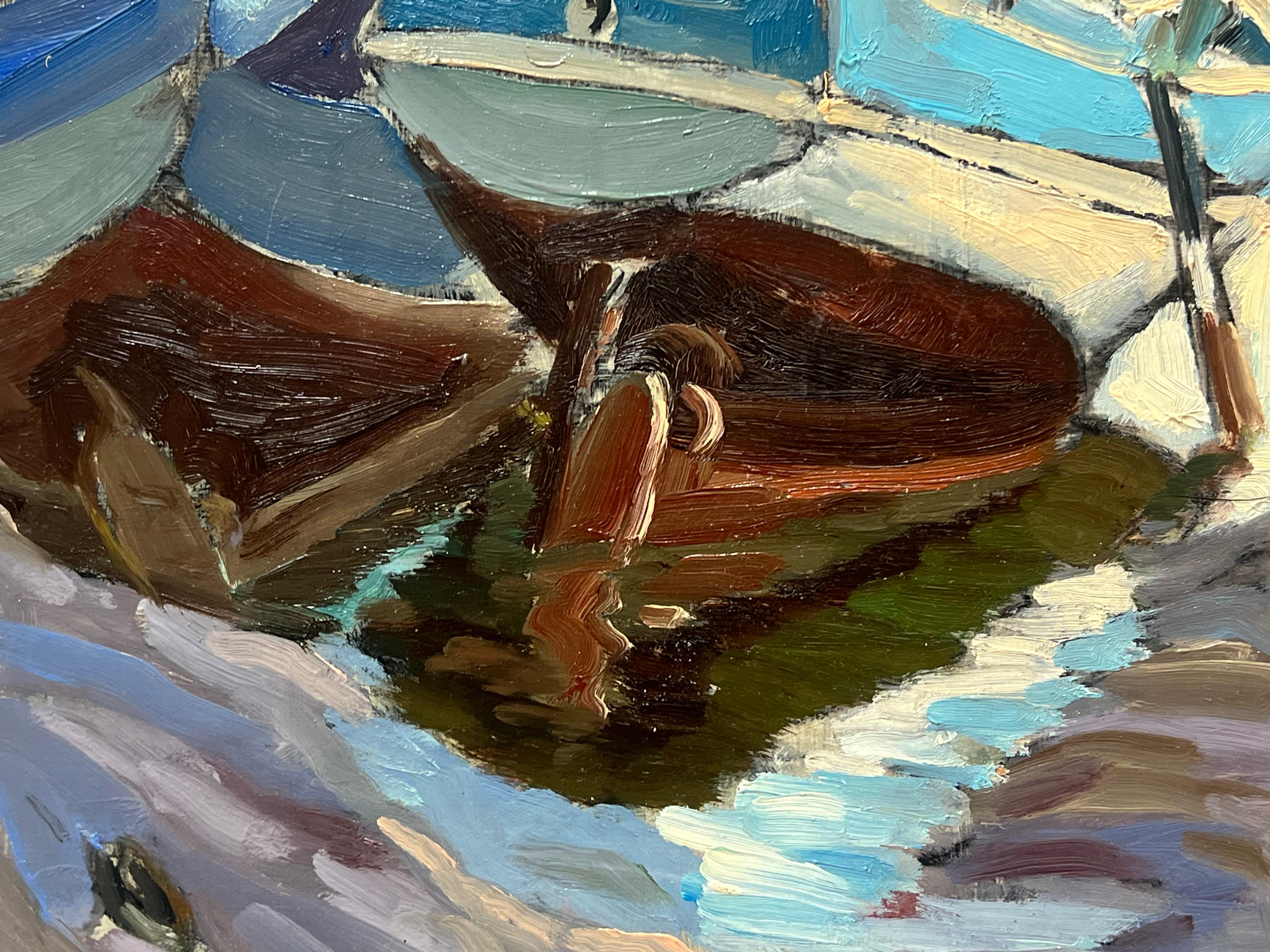 1970's French Signed Oil Painting Old Fishing Boats Moored in Breton Harbor For Sale 2