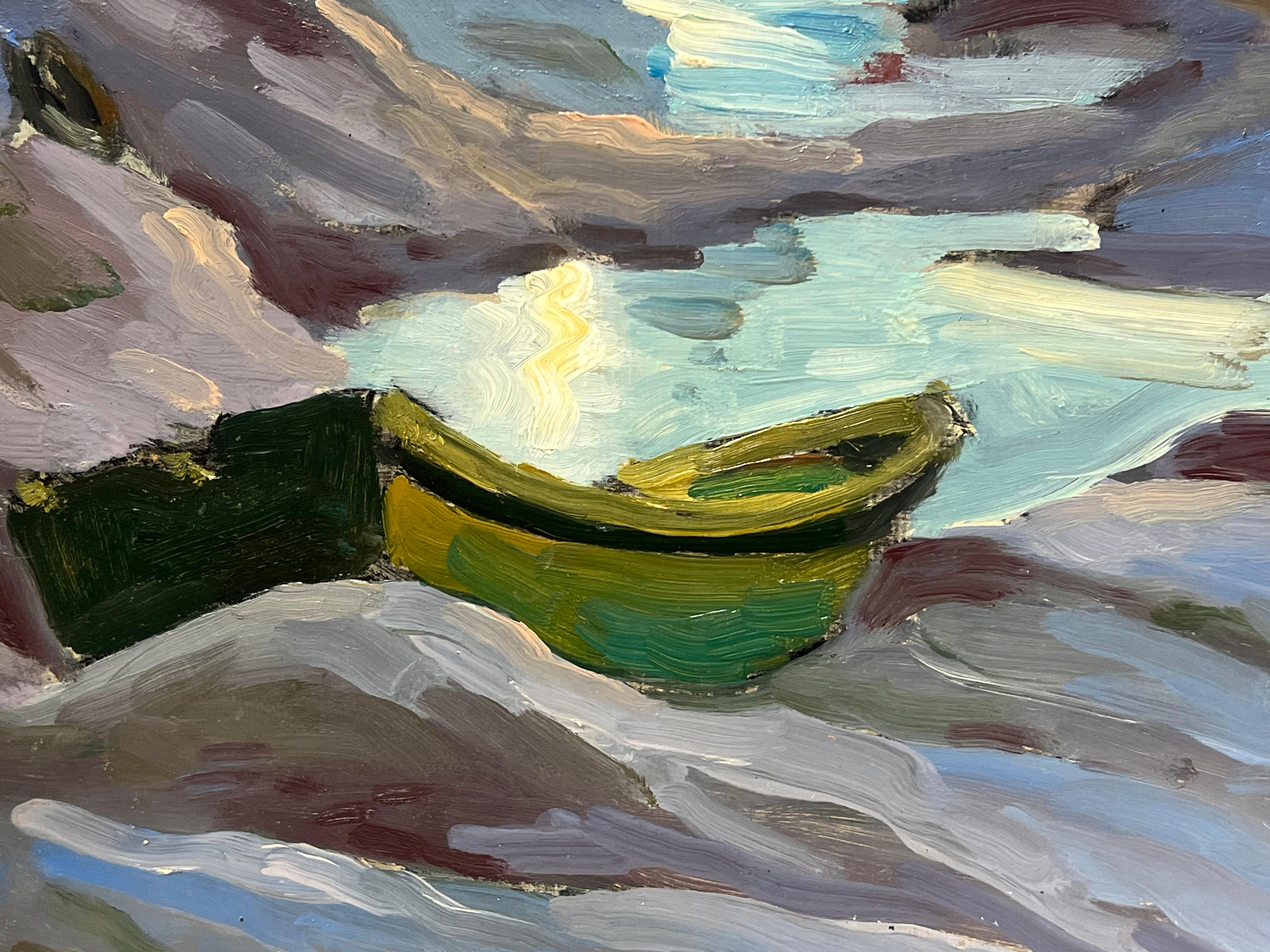 1970's French Signed Oil Painting Old Fishing Boats Moored in Breton Harbor For Sale 3