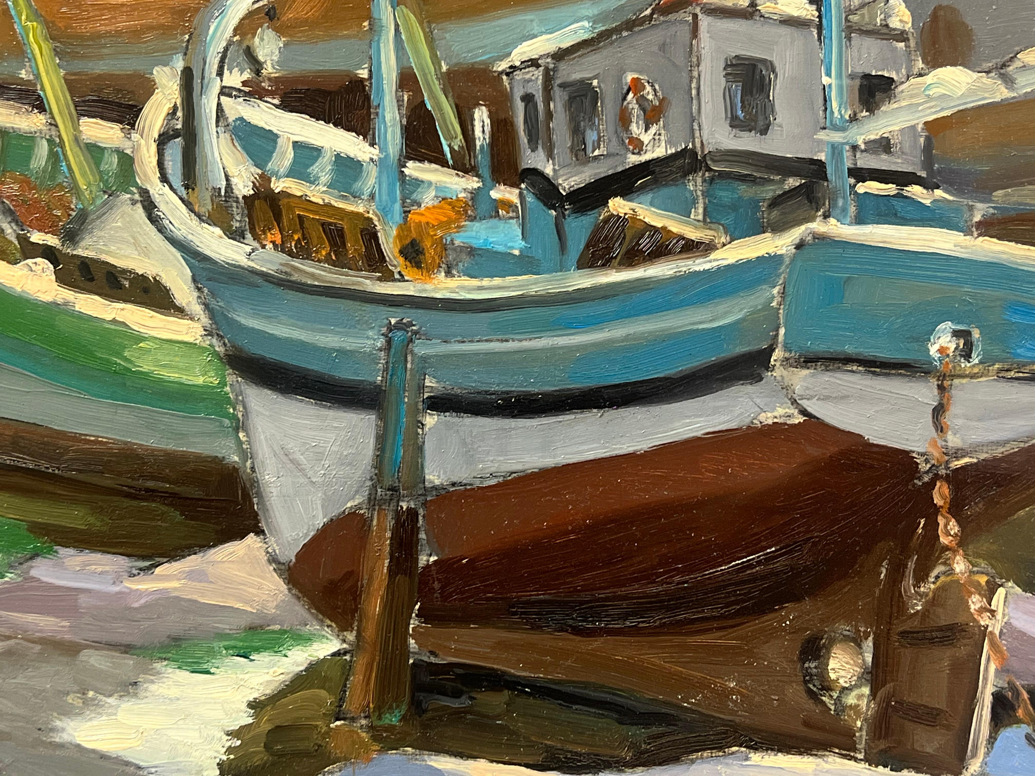 1970's French Signed Oil Painting Old Fishing Boats Moored in Breton Harbor For Sale 6