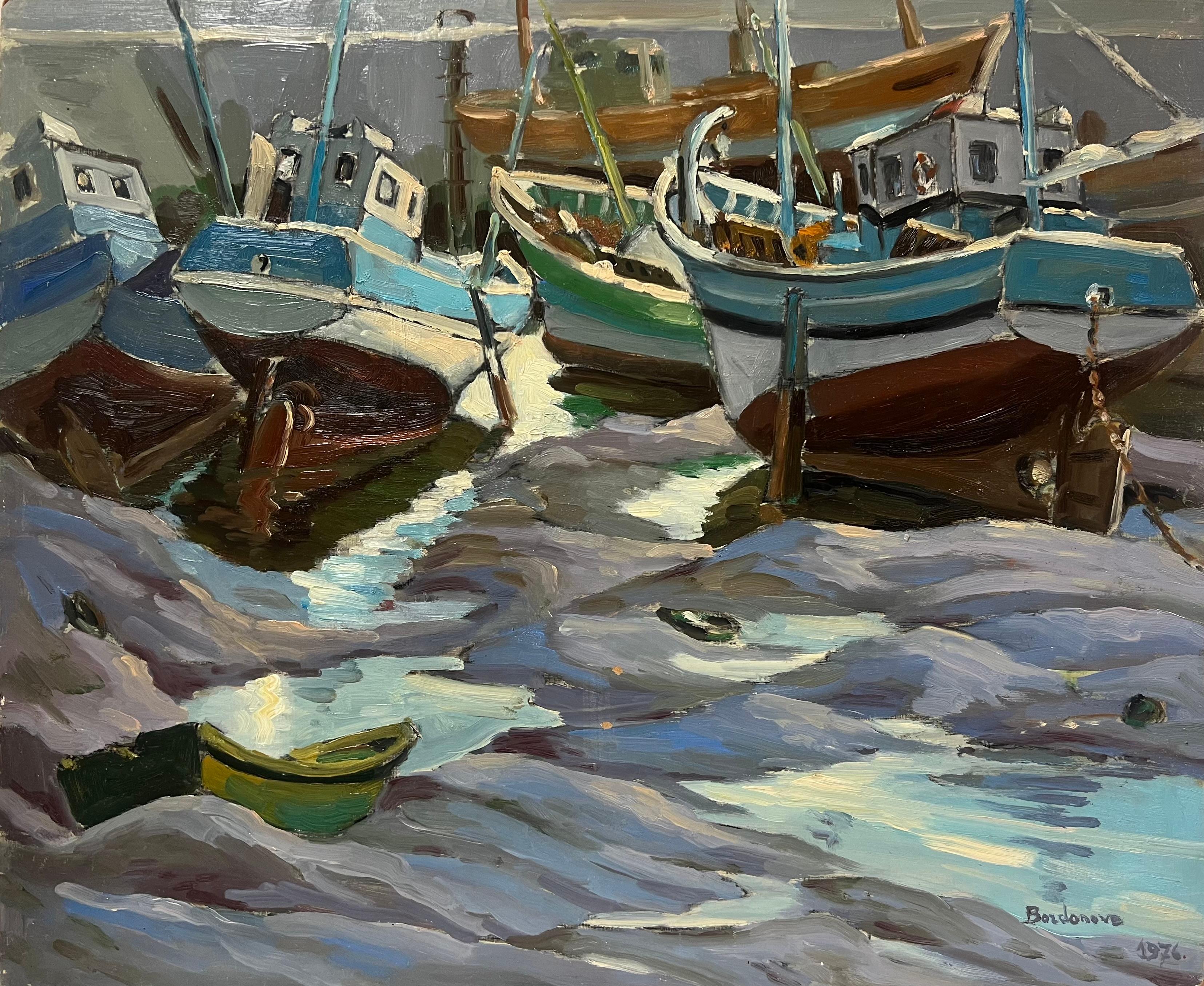 Georges Bordonove Landscape Painting - 1970's French Signed Oil Painting Old Fishing Boats Moored in Breton Harbor