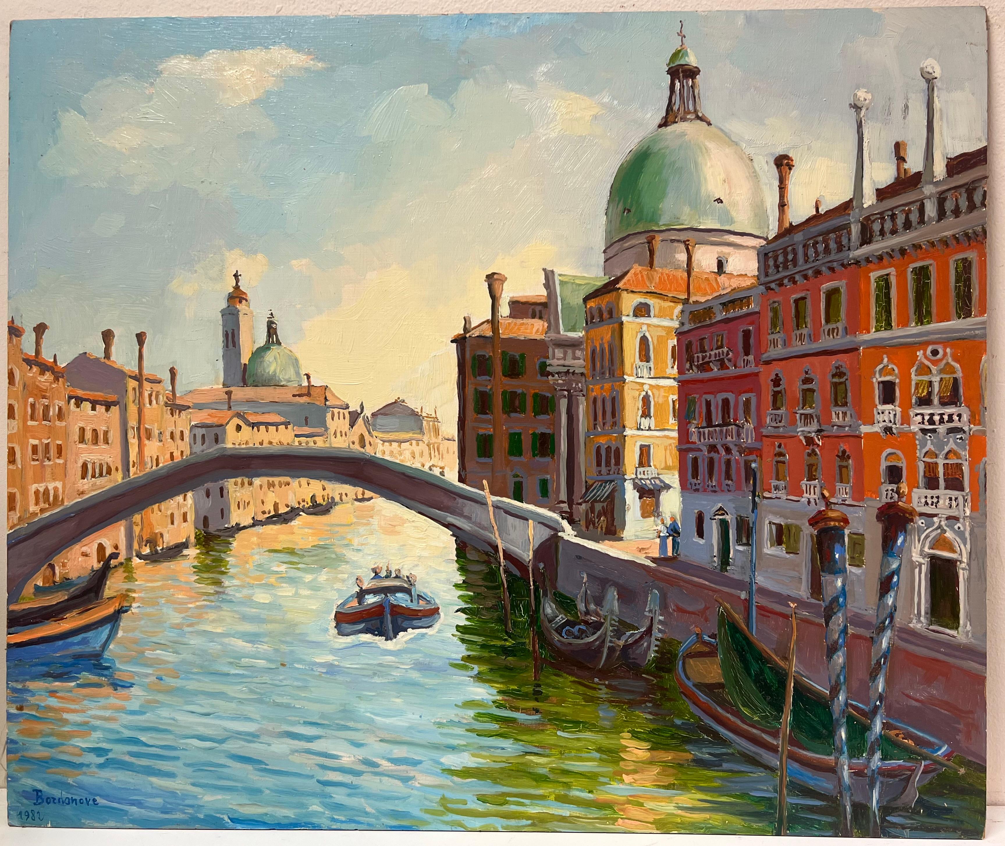 1980's French Oil Painting Venice Canal with Boats & Buildings Signed Dated - Brown Landscape Painting by Georges Bordonove