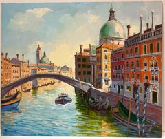 1980's French Oil Painting Venice Canal with Boats & Buildings Signed Dated
