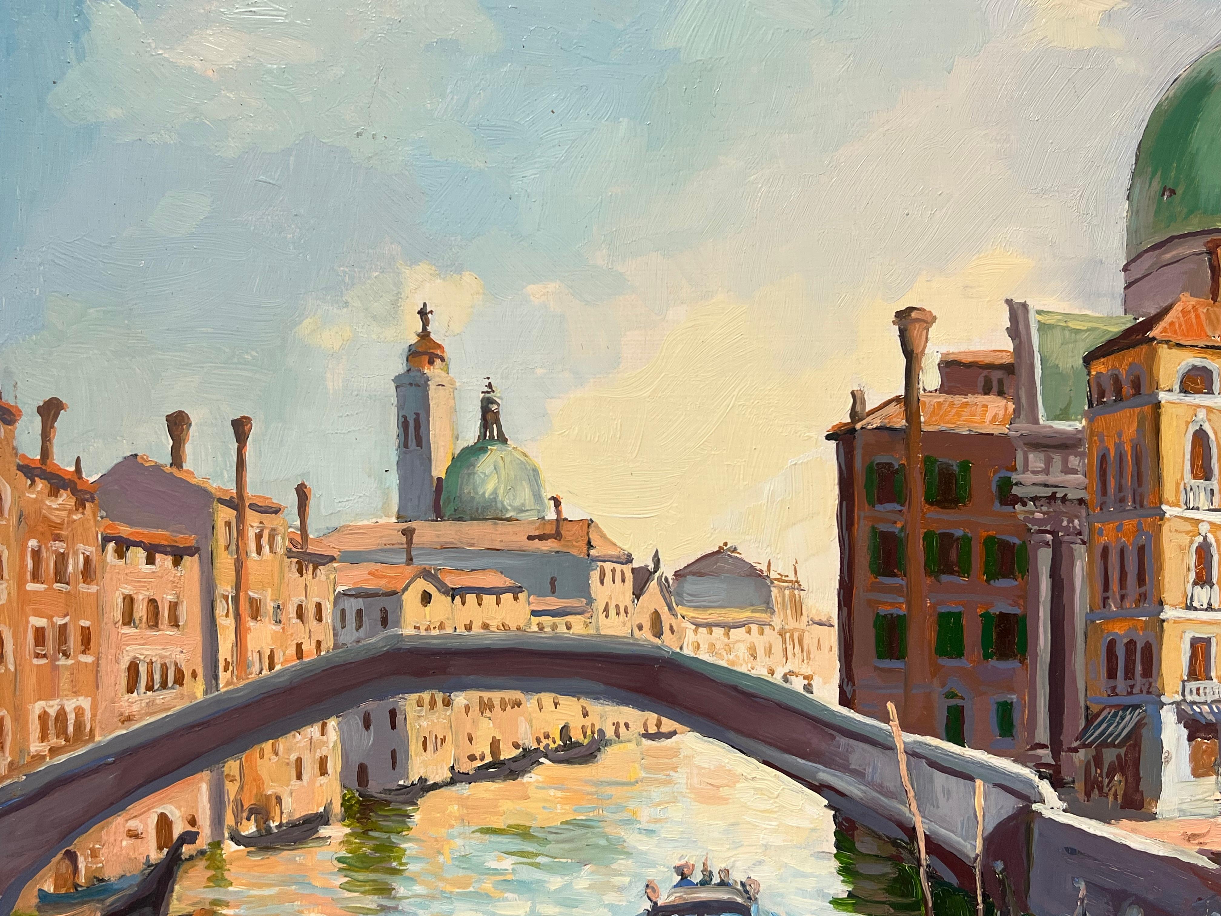 1980's French Oil Painting Venice Canal with Boats & Buildings Signed Dated For Sale 1