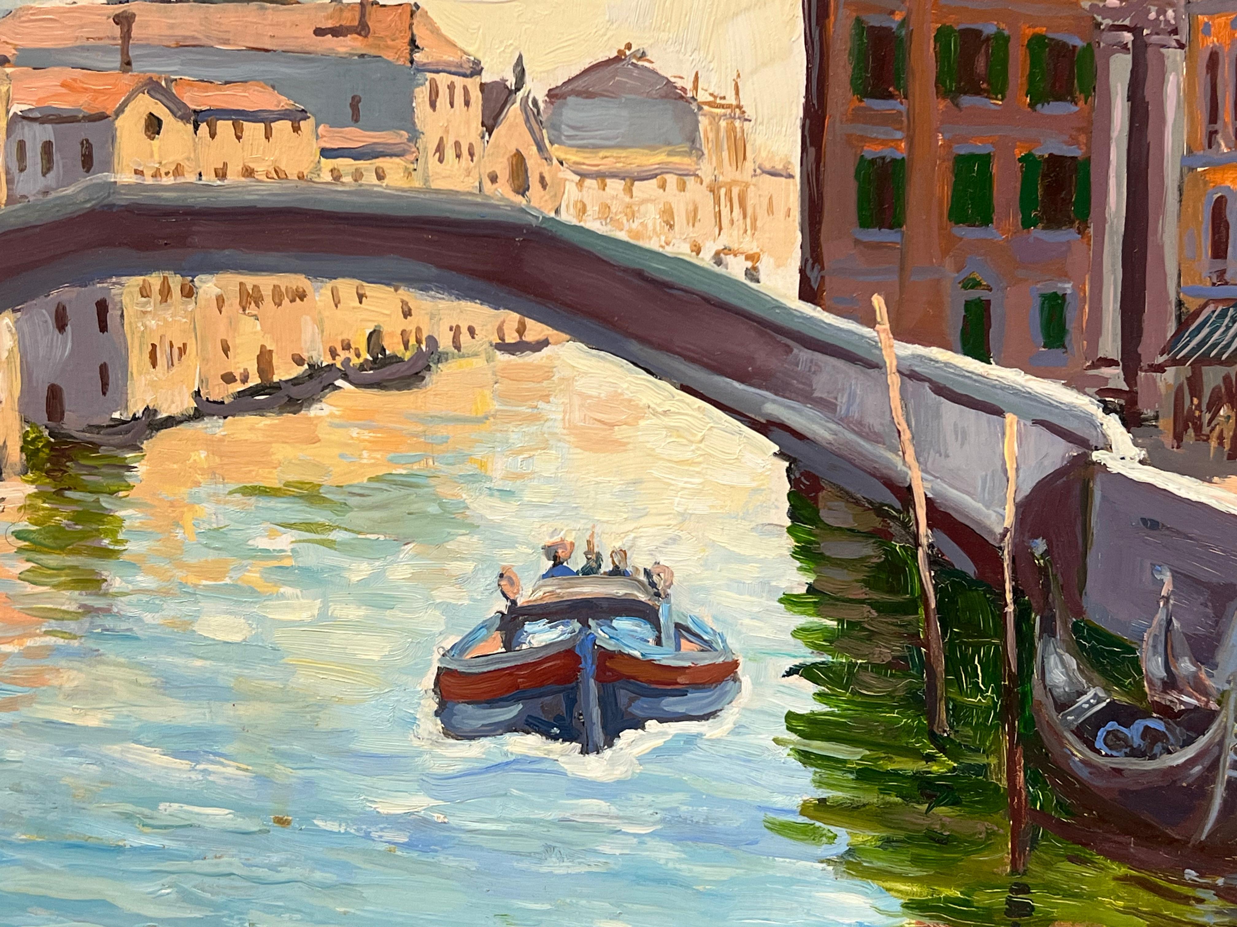 1980's French Oil Painting Venice Canal with Boats & Buildings Signed Dated For Sale 2
