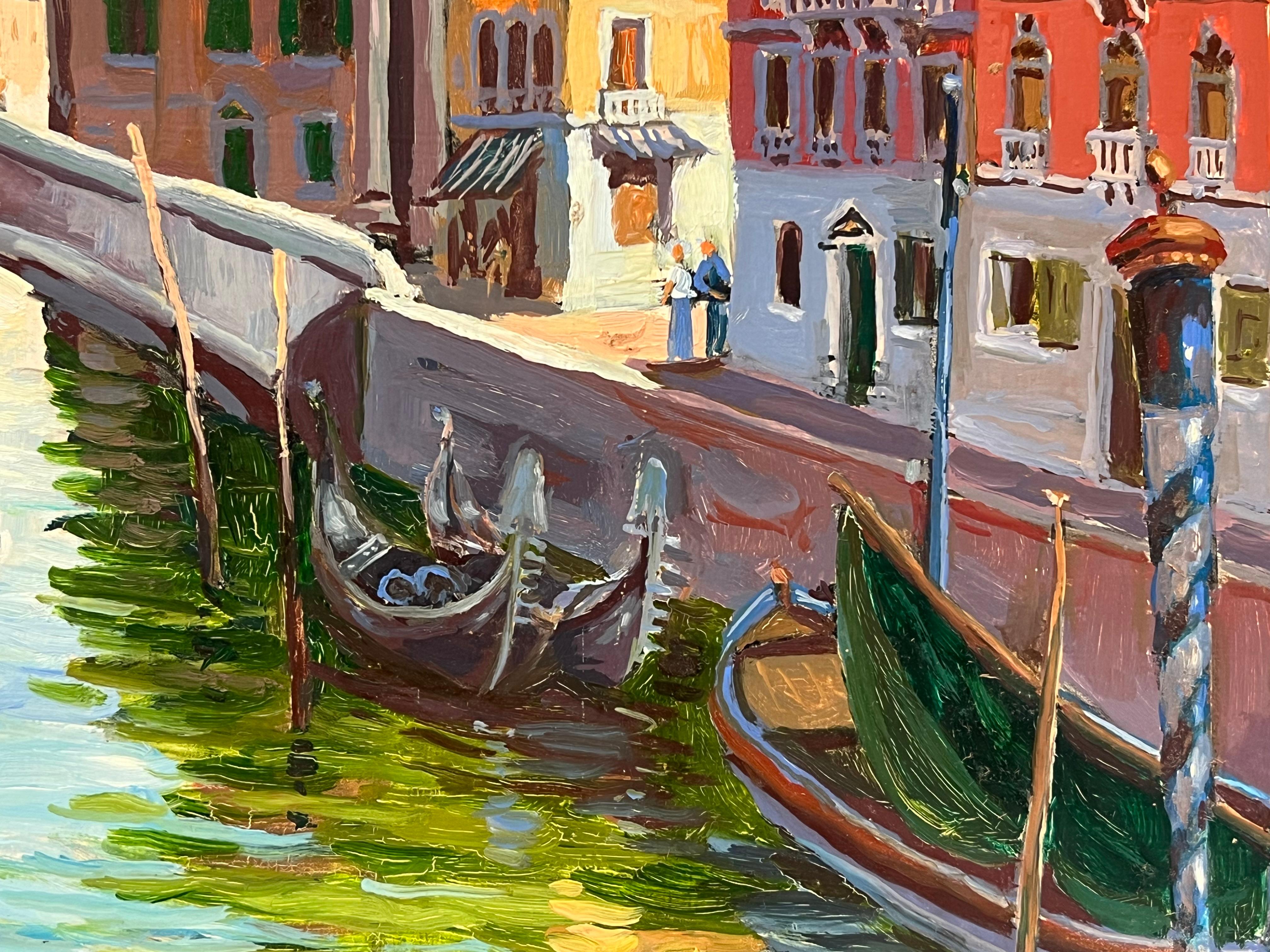1980's French Oil Painting Venice Canal with Boats & Buildings Signed Dated For Sale 4