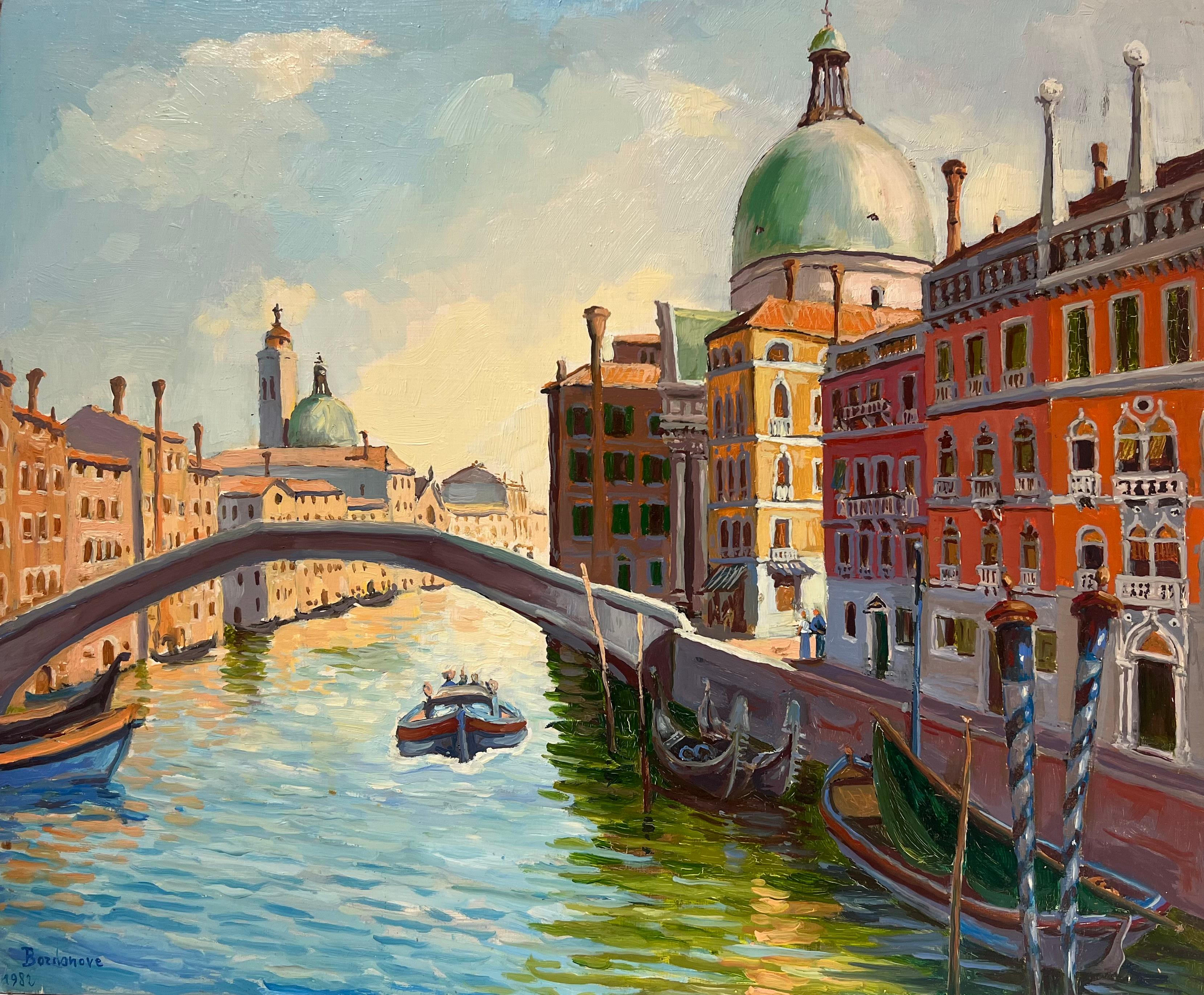 Georges Bordonove Landscape Painting - 1980's French Oil Painting Venice Canal with Boats & Buildings Signed Dated