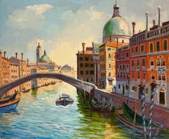 Französisches Ölgemälde von Venedig, Canal with Boats & Buildings, signiert, datiert, 1980er Jahre