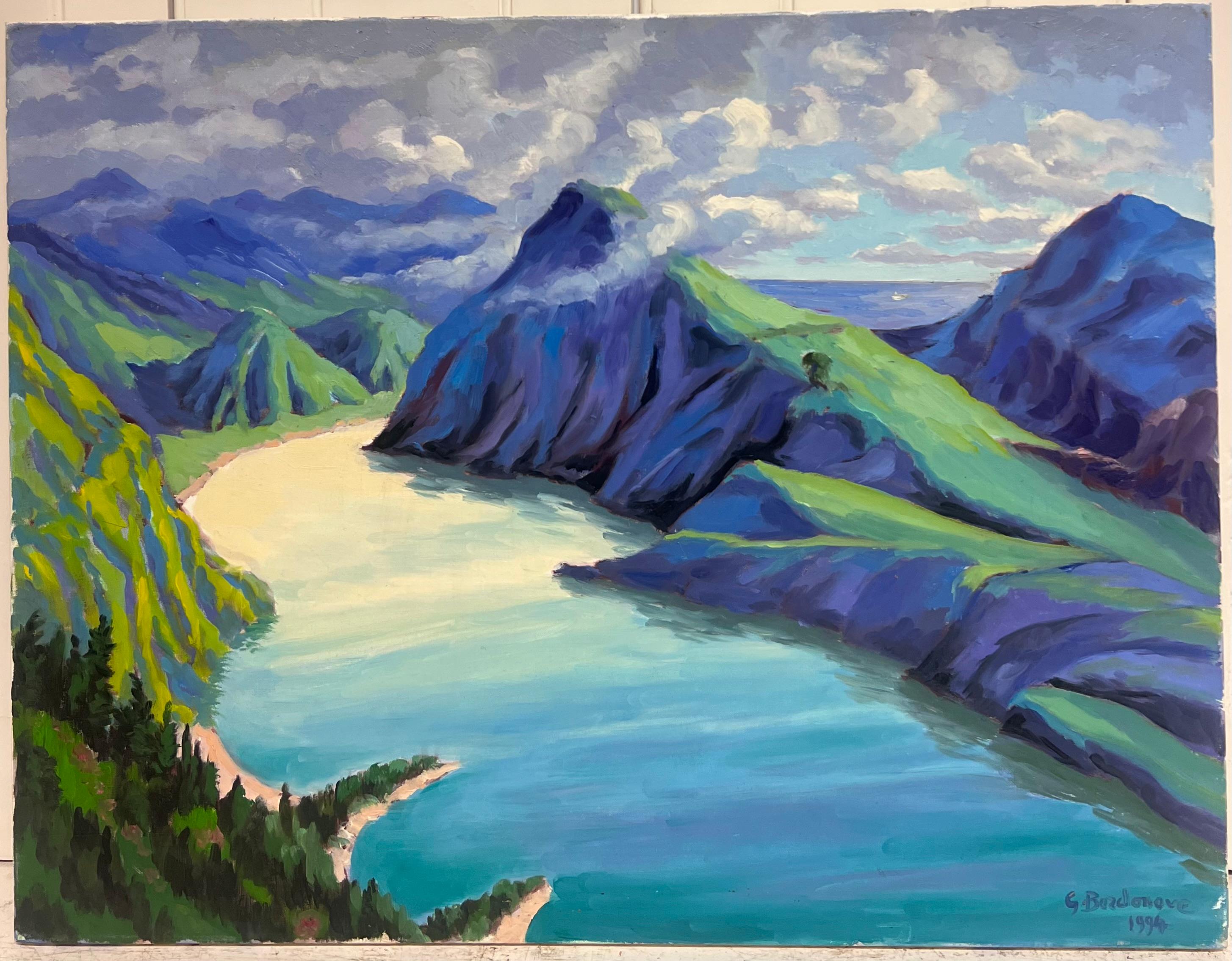 Pittura ad olio impressionista francese della valle montana di colore blu e verde brillante - Painting di Georges Bordonove