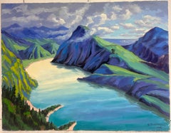 Bright Blue and Green Mountain Valley French Impressionist Oil Painting