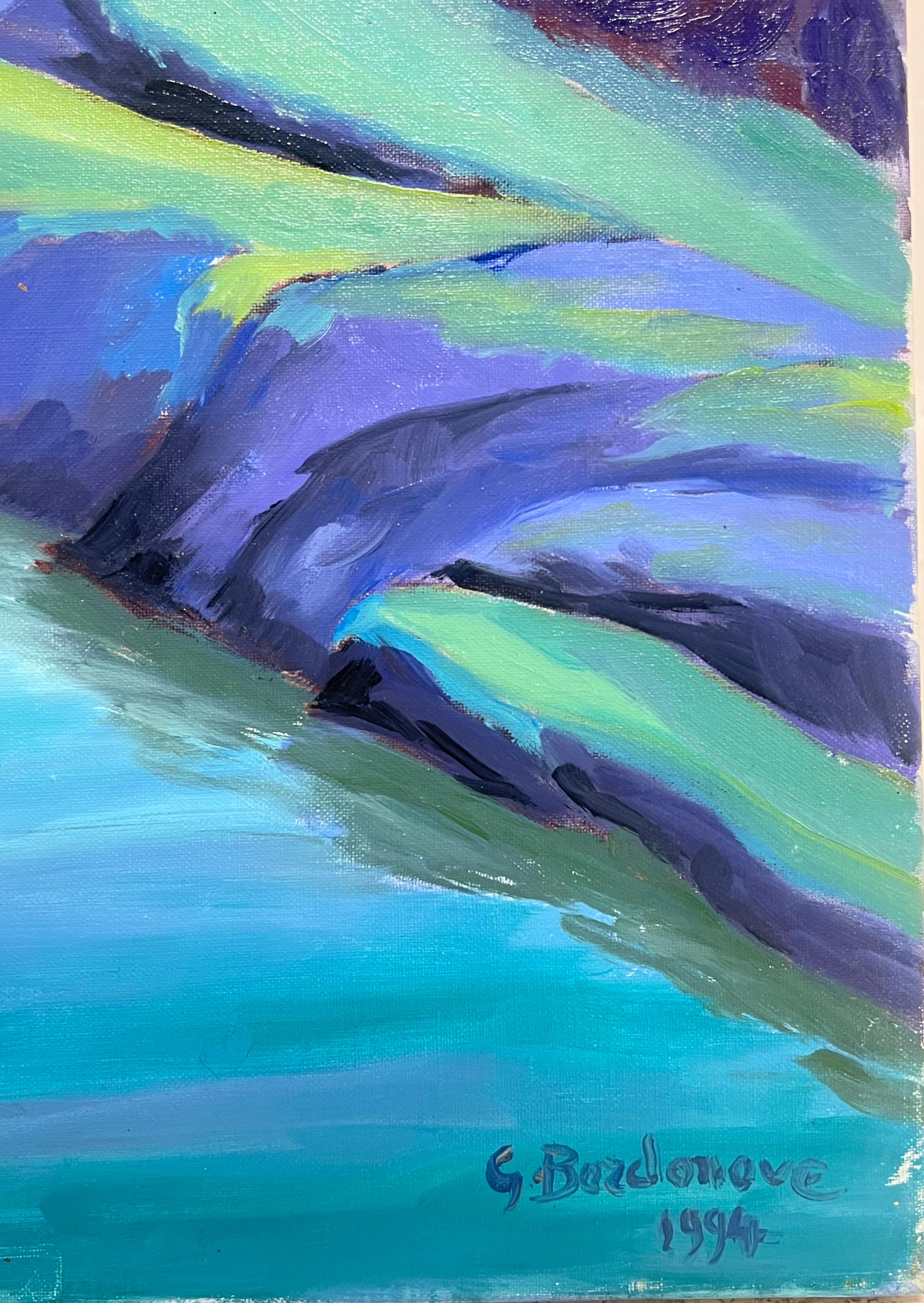 Pittura ad olio impressionista francese della valle montana di colore blu e verde brillante - Painting Impressionismo di Georges Bordonove
