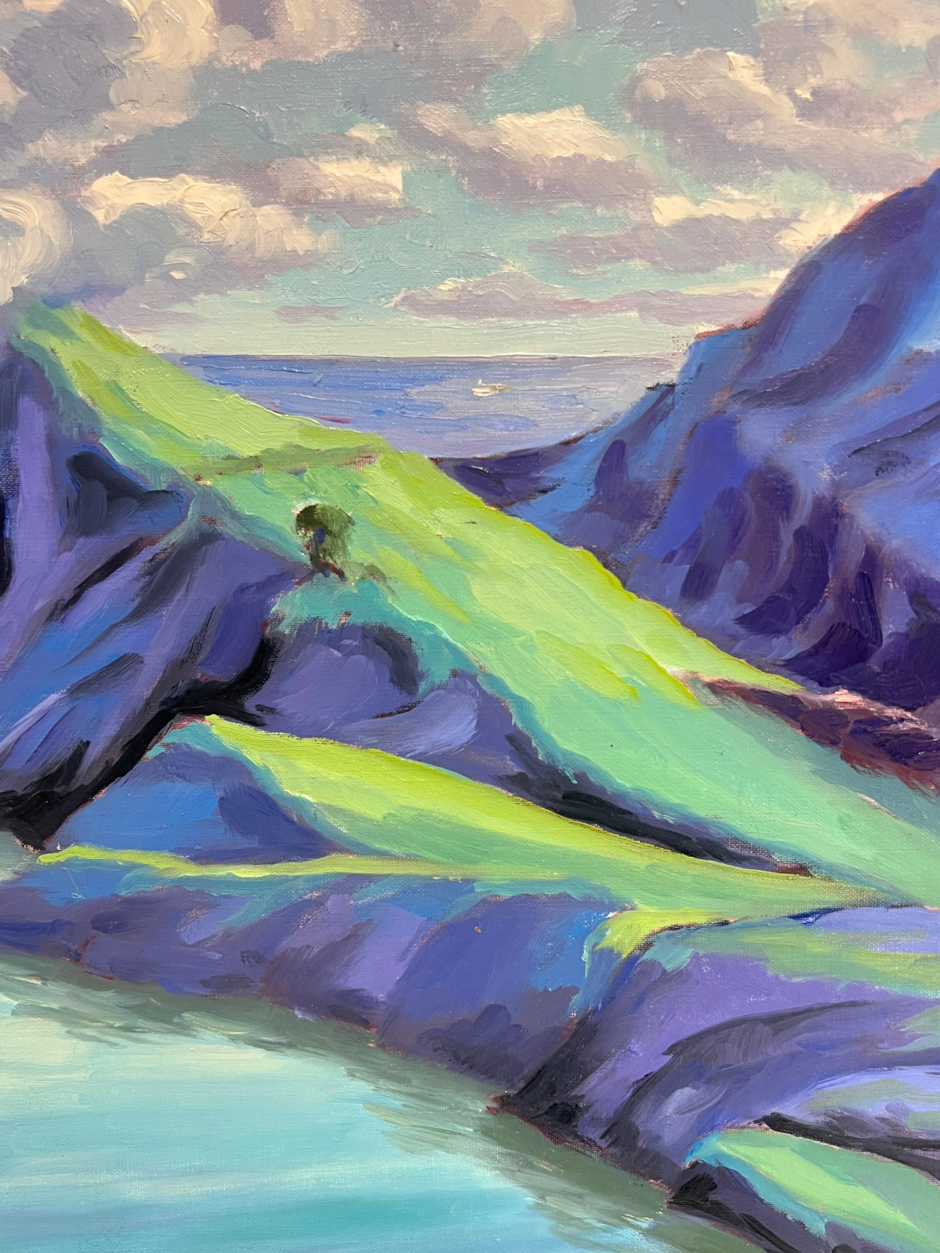 Pittura ad olio impressionista francese della valle montana di colore blu e verde brillante - Landscape Painting Grigio di Georges Bordonove