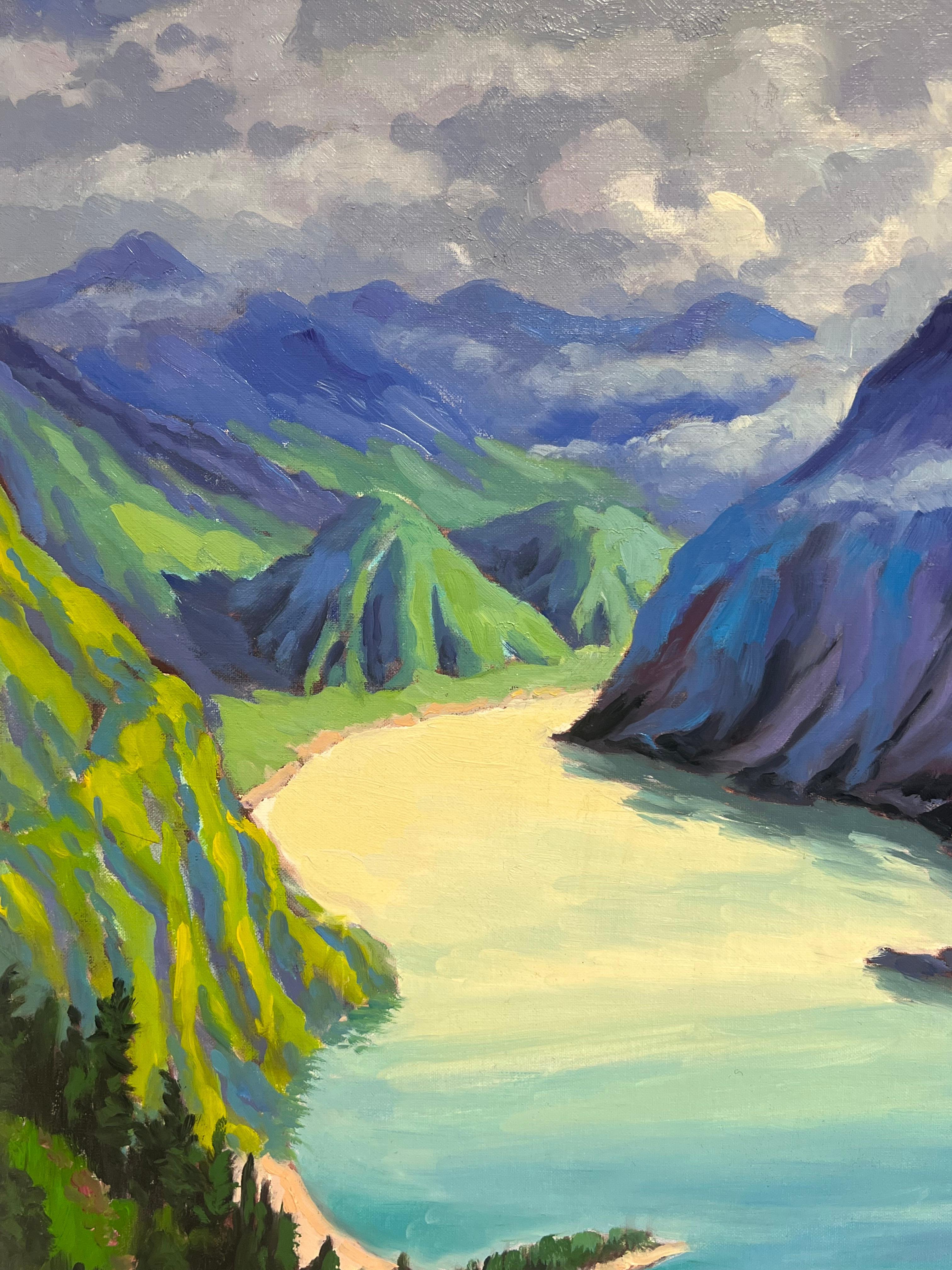 Pittura ad olio impressionista francese della valle montana di colore blu e verde brillante in vendita 1
