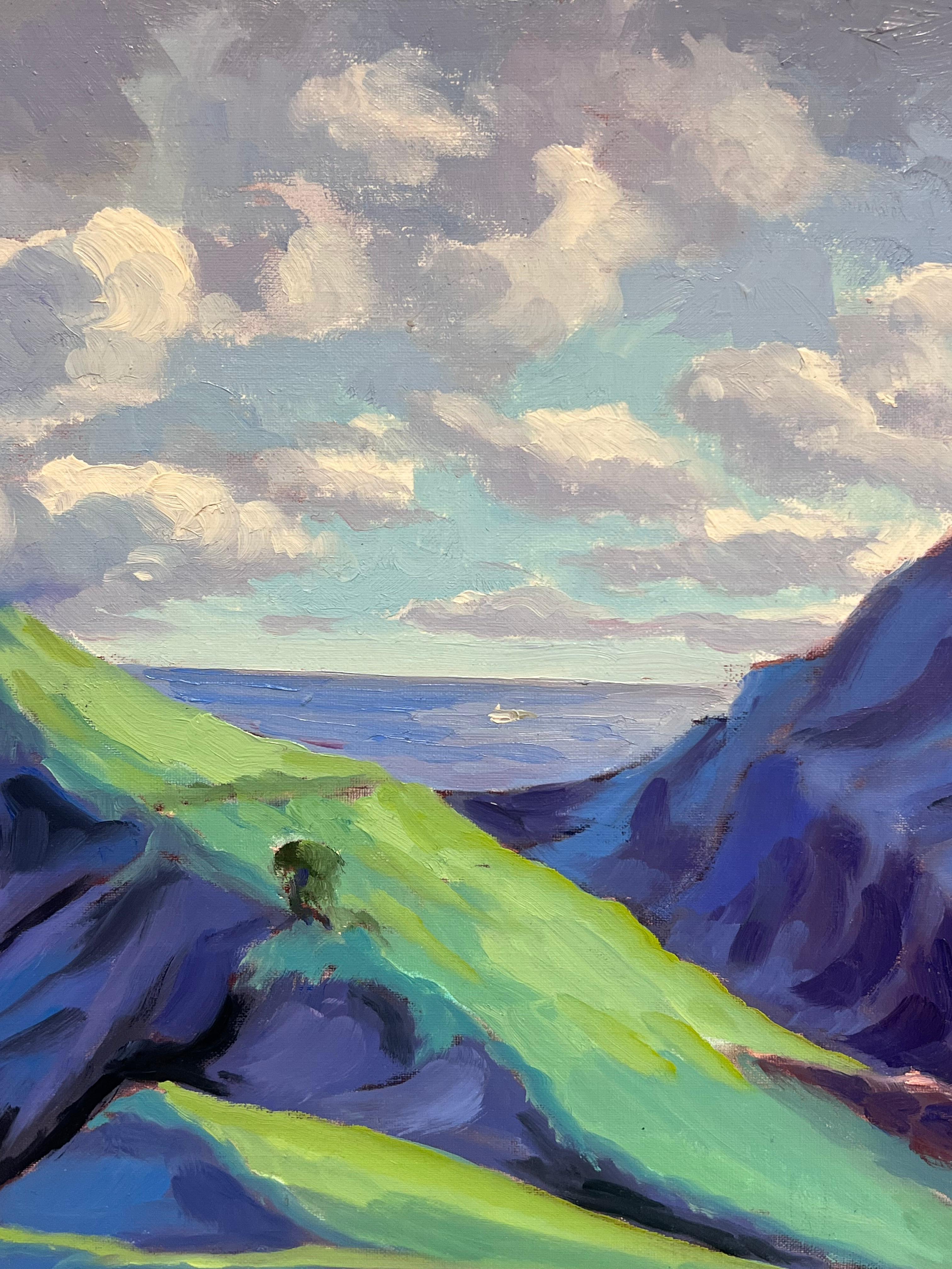 Pittura ad olio impressionista francese della valle montana di colore blu e verde brillante in vendita 3